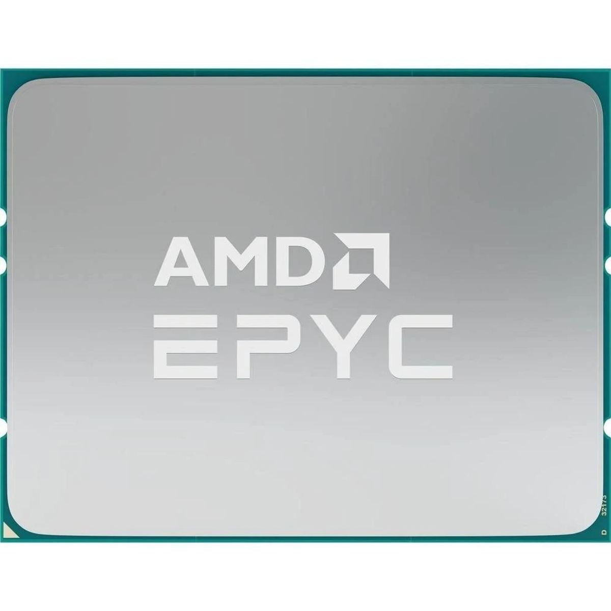 Srebrny procesor AMD EPYC, wyśrodkowany na jasnoszarej powierzchni z logo AMD i EPYC.