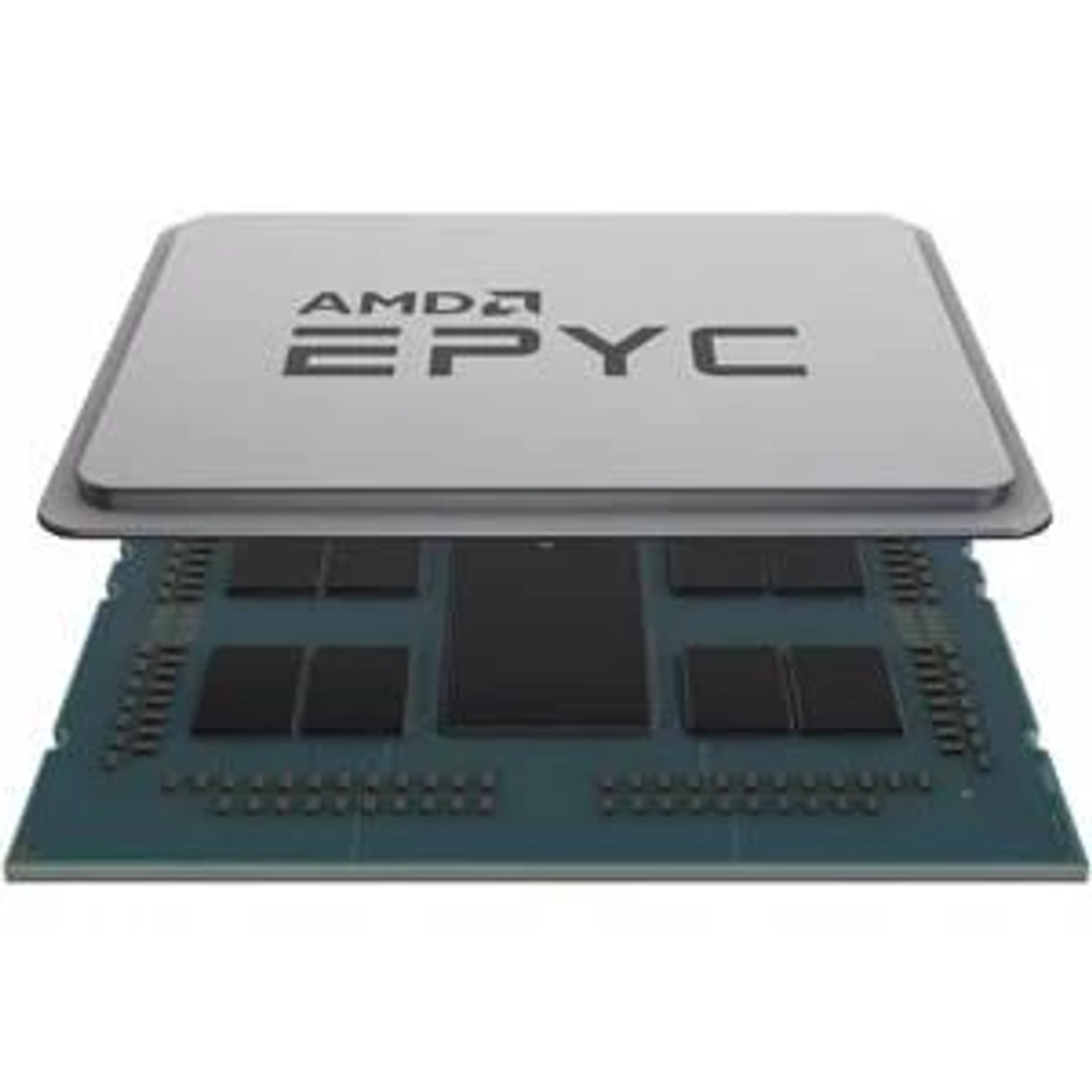 Eine CPU mit den Worten 'AMD EPYC'. Es ist silber und schwarz.