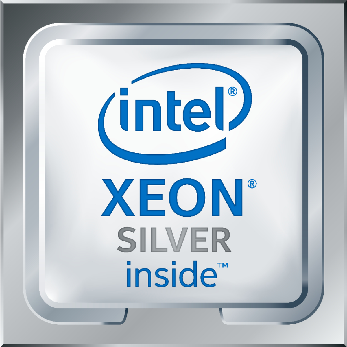 Srebrny procesor Intel Xeon Silver. Niebieskie logo Intel z tekstem na białym i szarym tle.