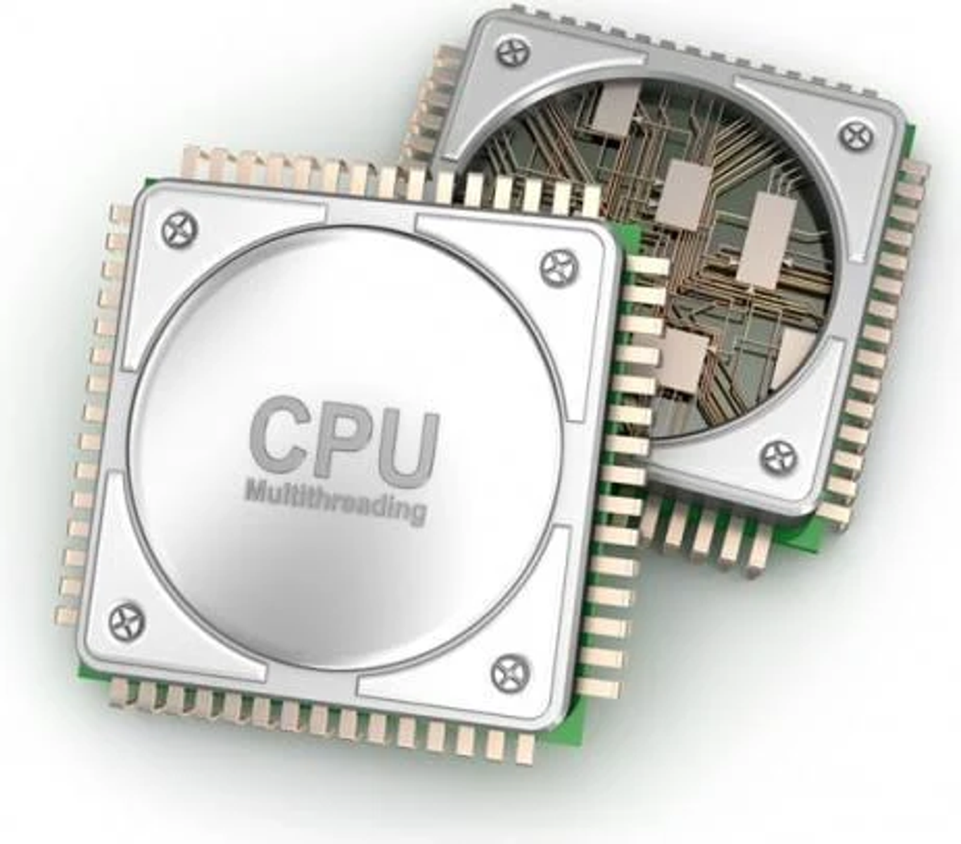 Zwei CPU-Chips, beschriftet "CPU Multithreading", mit detaillierten Schaltungen.