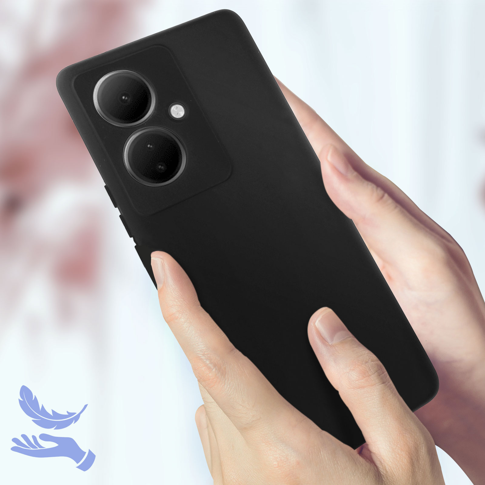Mani che tengono un telefono nero, con un'icona a forma di piuma e sfondo morbido. Il telefono ha una fotocamera.