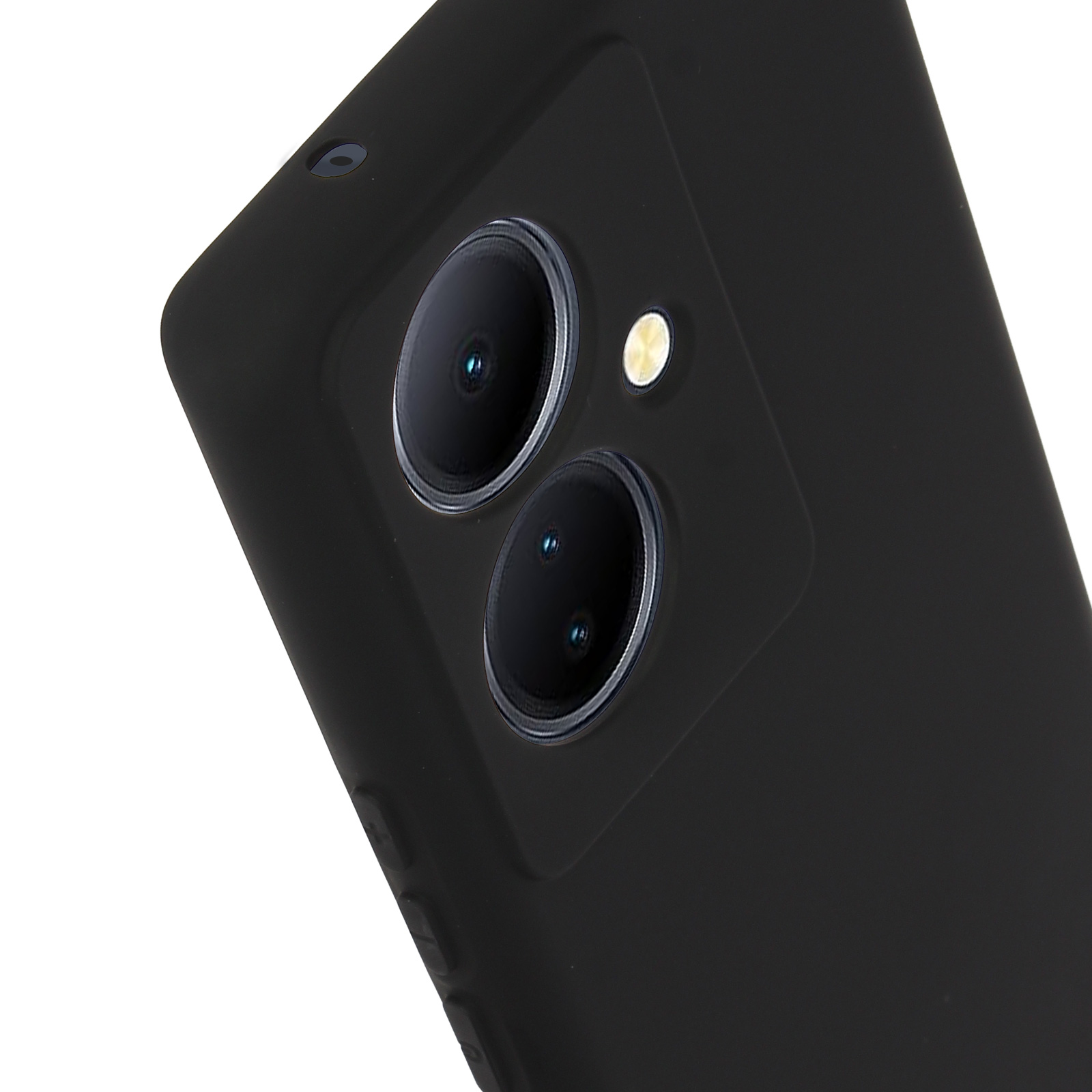 Primo piano del modulo fotocamera di un telefono nero con due obiettivi e un flash.