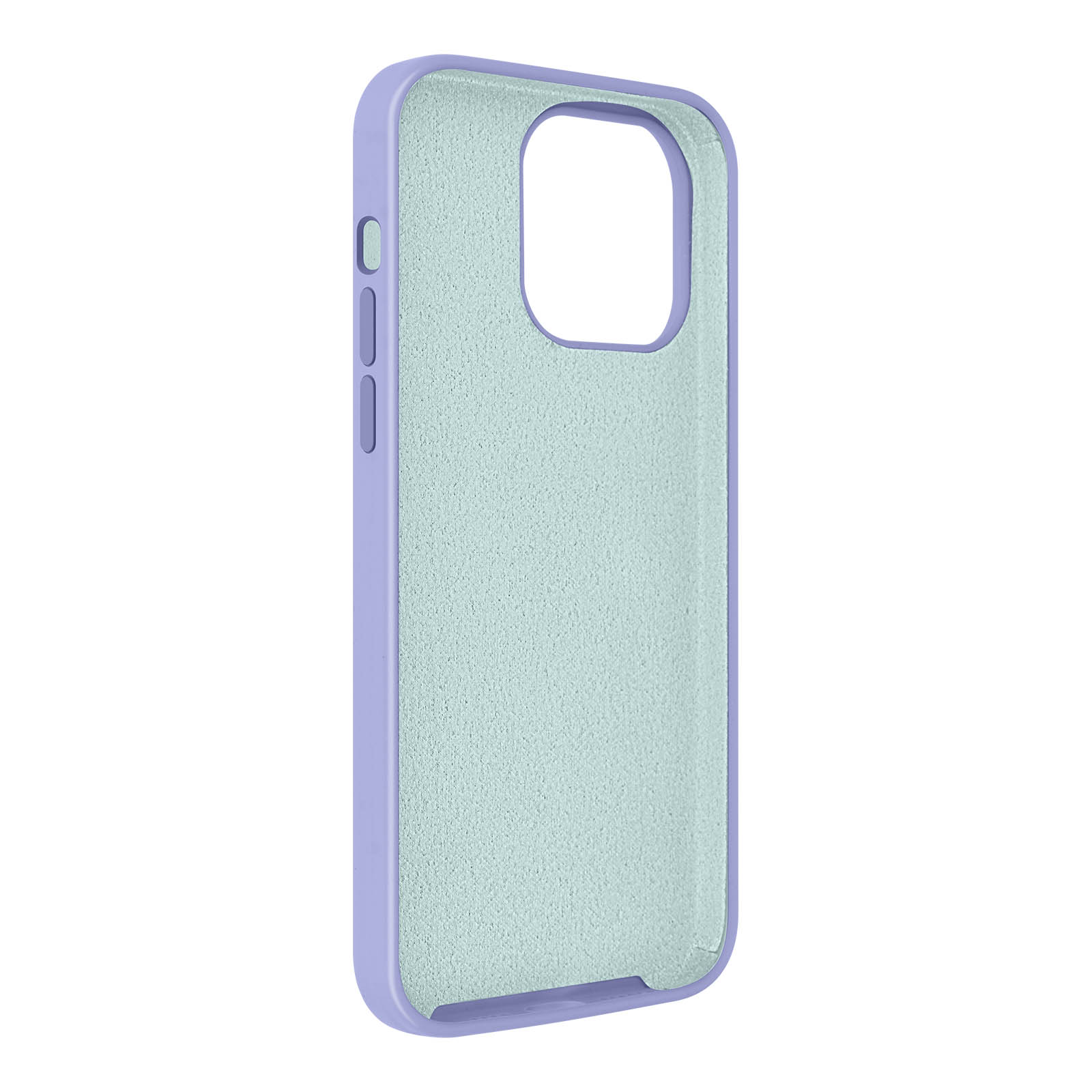 Een lavendelkleurige telefoonhoes met lichtgroen interieur en uitsparingen.