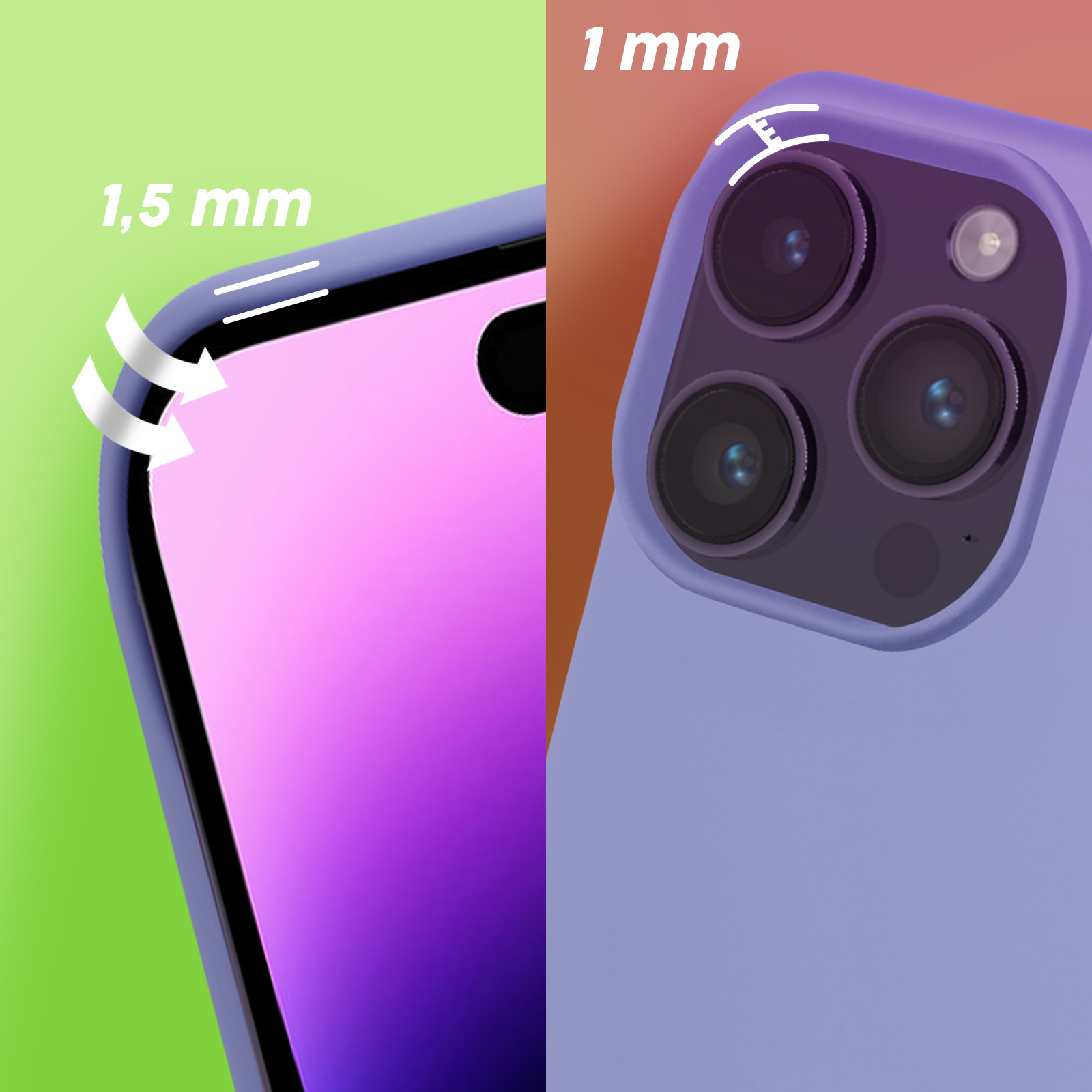 Close-up van telefoonhoek en camera. Eén kant is 1,5 mm gebogen, andere is 1 mm. Groene en paarse achtergrond.