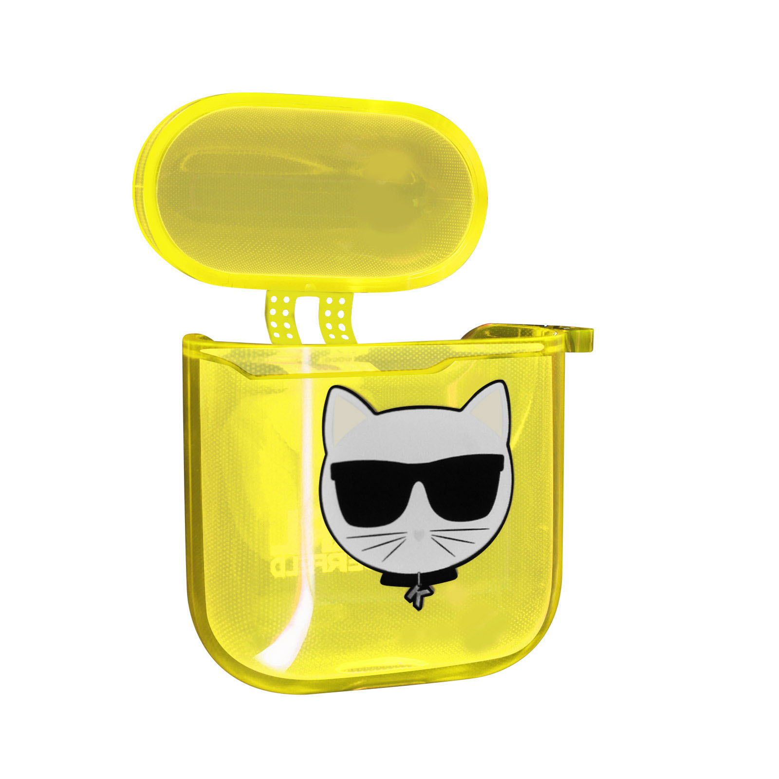 Un estuche amarillo para AirPods con diseño de gato. El estuche está abierto.