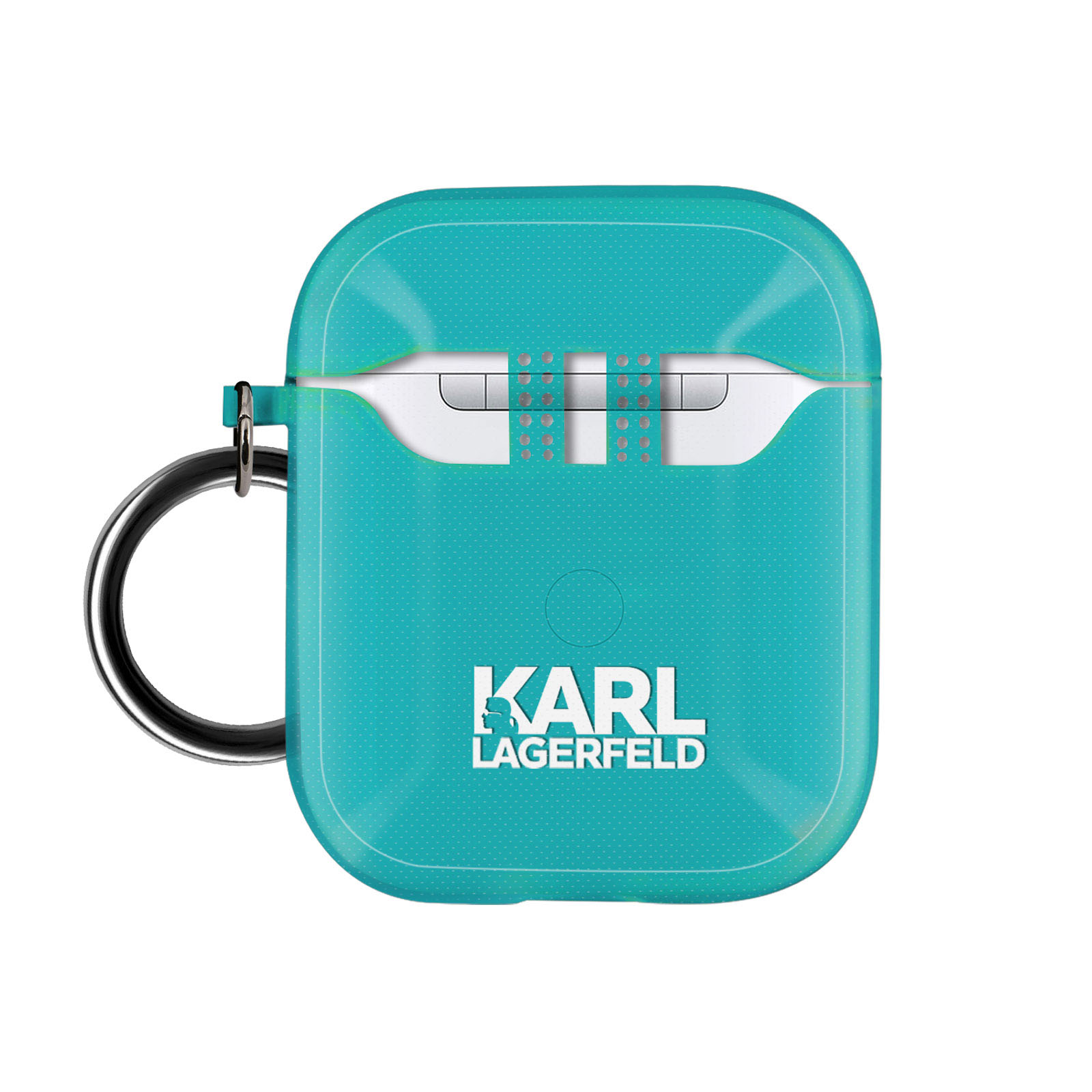 Türkisfarbenes Karl Lagerfeld AirPods-Etui mit silbernem Ring auf weißem Hintergrund.