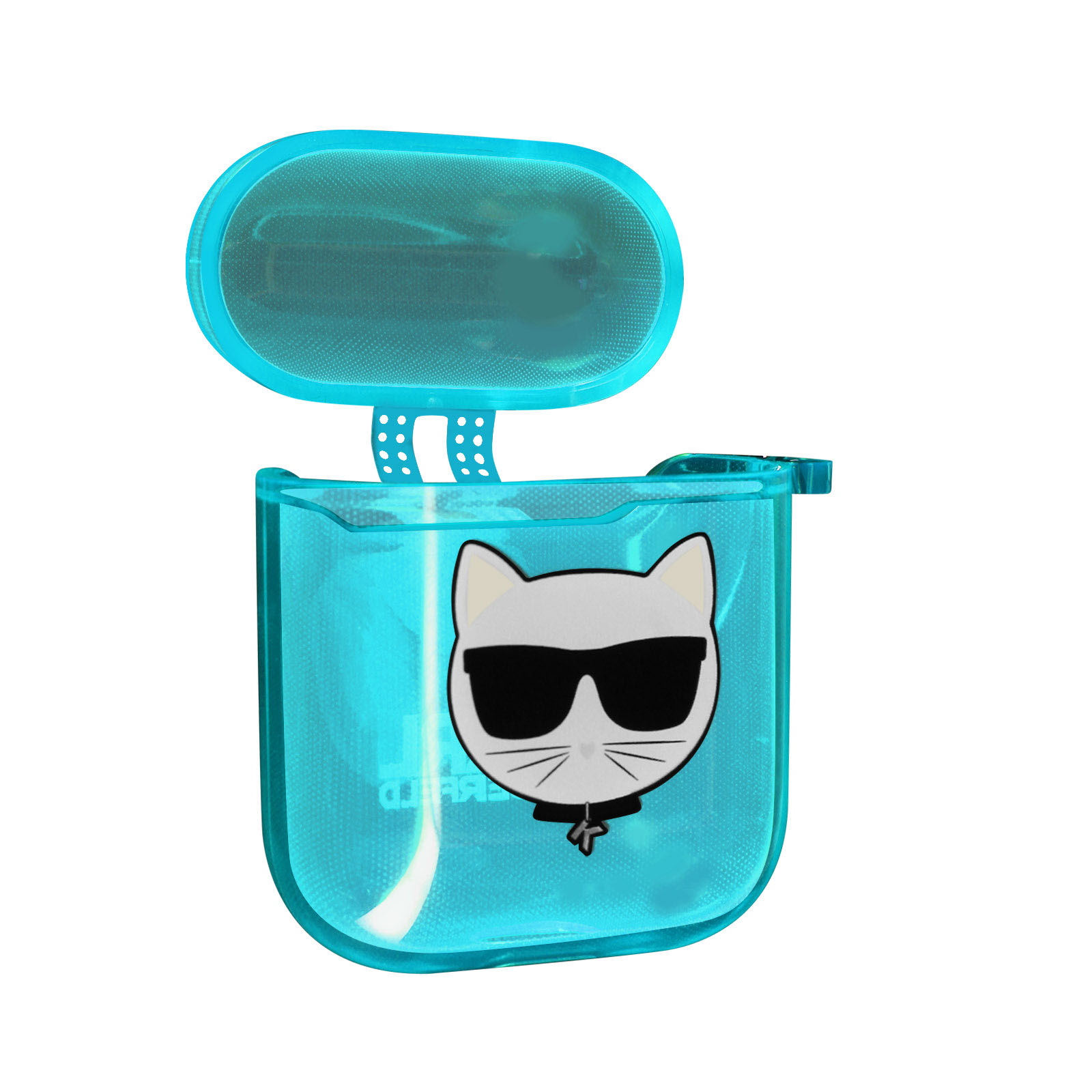 Ein hellblaues AirPods-Etui mit einer Katzen-Grafik und einem teilweise geöffneten Deckel.