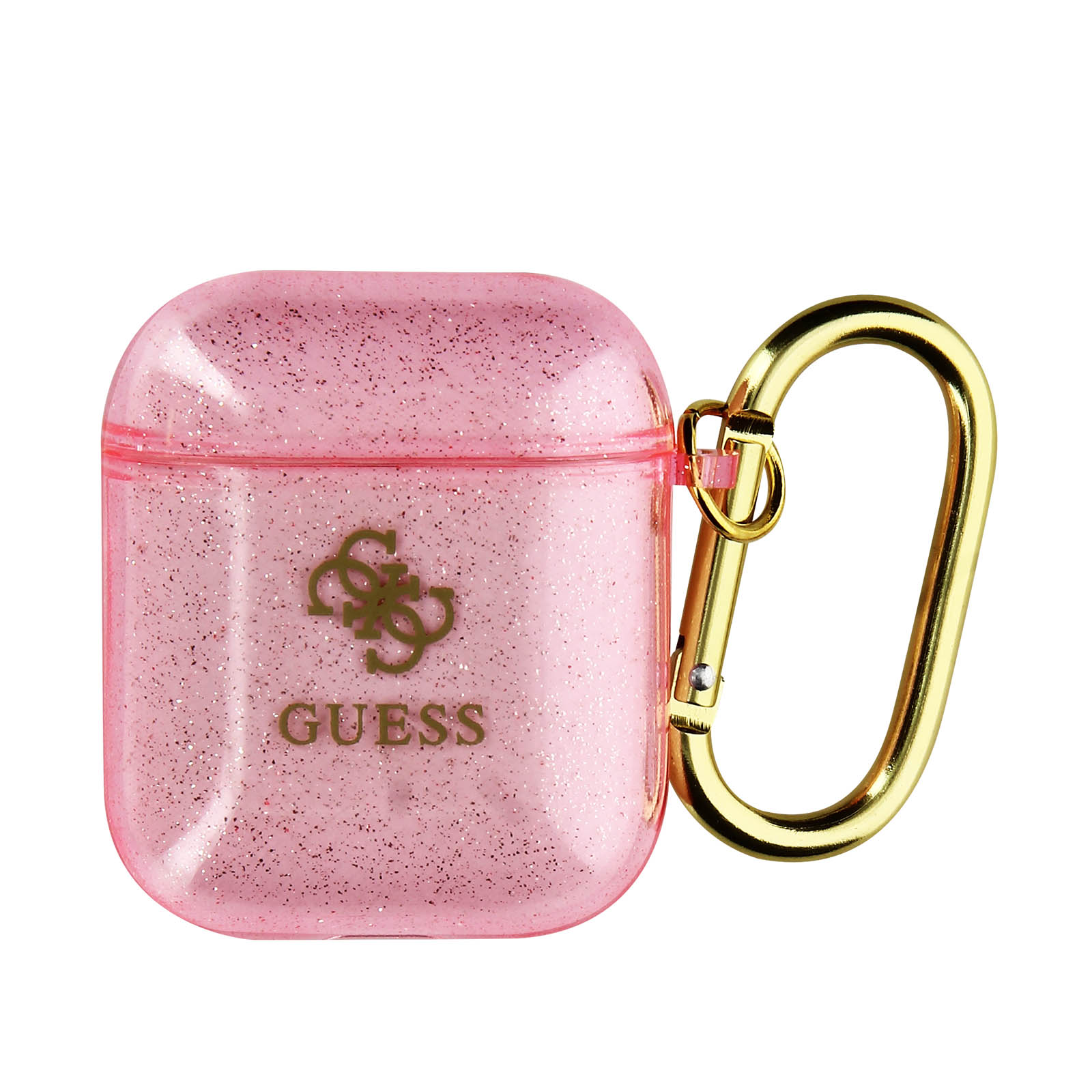 Custodia AirPods glitter rosa con moschettone dorato e la parola 'GUESS'.