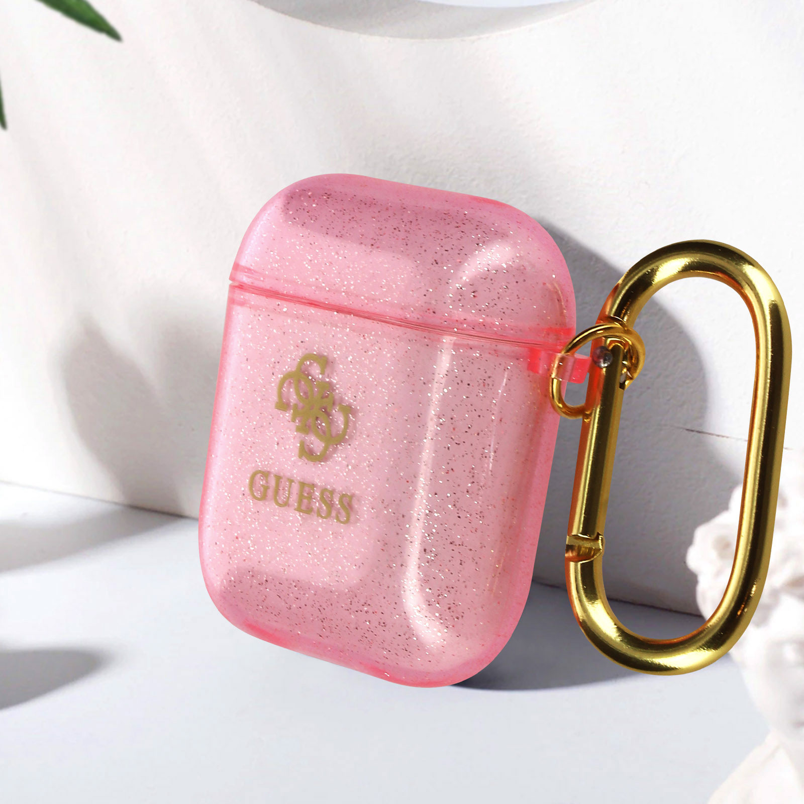 GUESS Glitter Rosa Karabinerhaken, AirPods, Apple, Full und Cover
