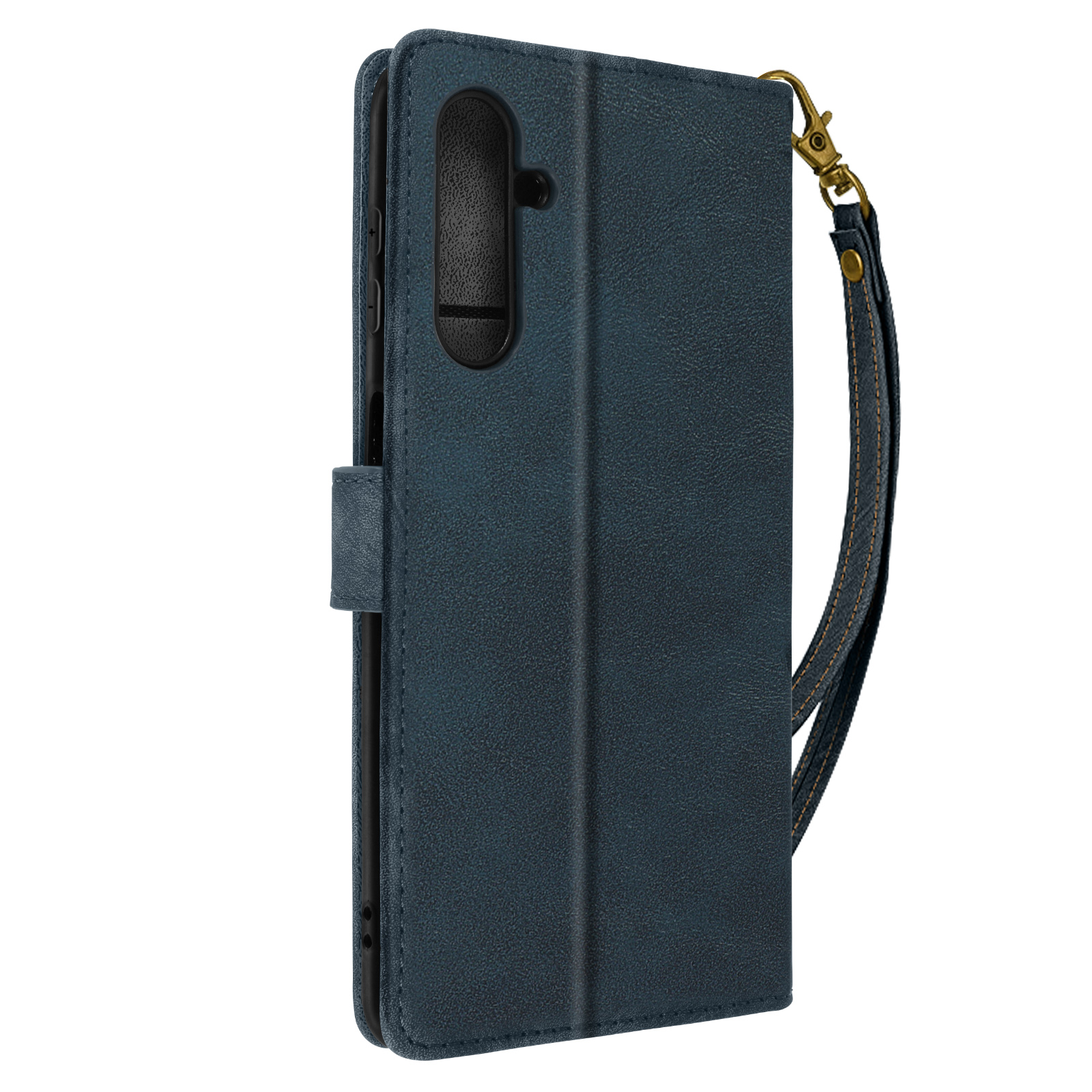 Custodia blu per telefono con design a portafoglio. La custodia è chiusa con un cinturino. Ha un cinturino da polso.