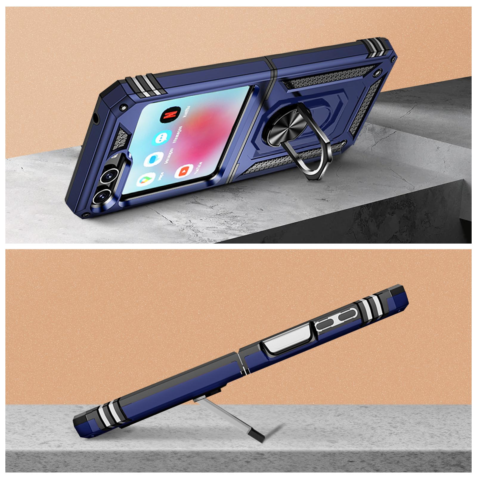 Handyhülle Flip Ring Z Samsung, AVIZAR Stoßfeste 5, Galaxy Backcover, Dunkelblau Series, mit