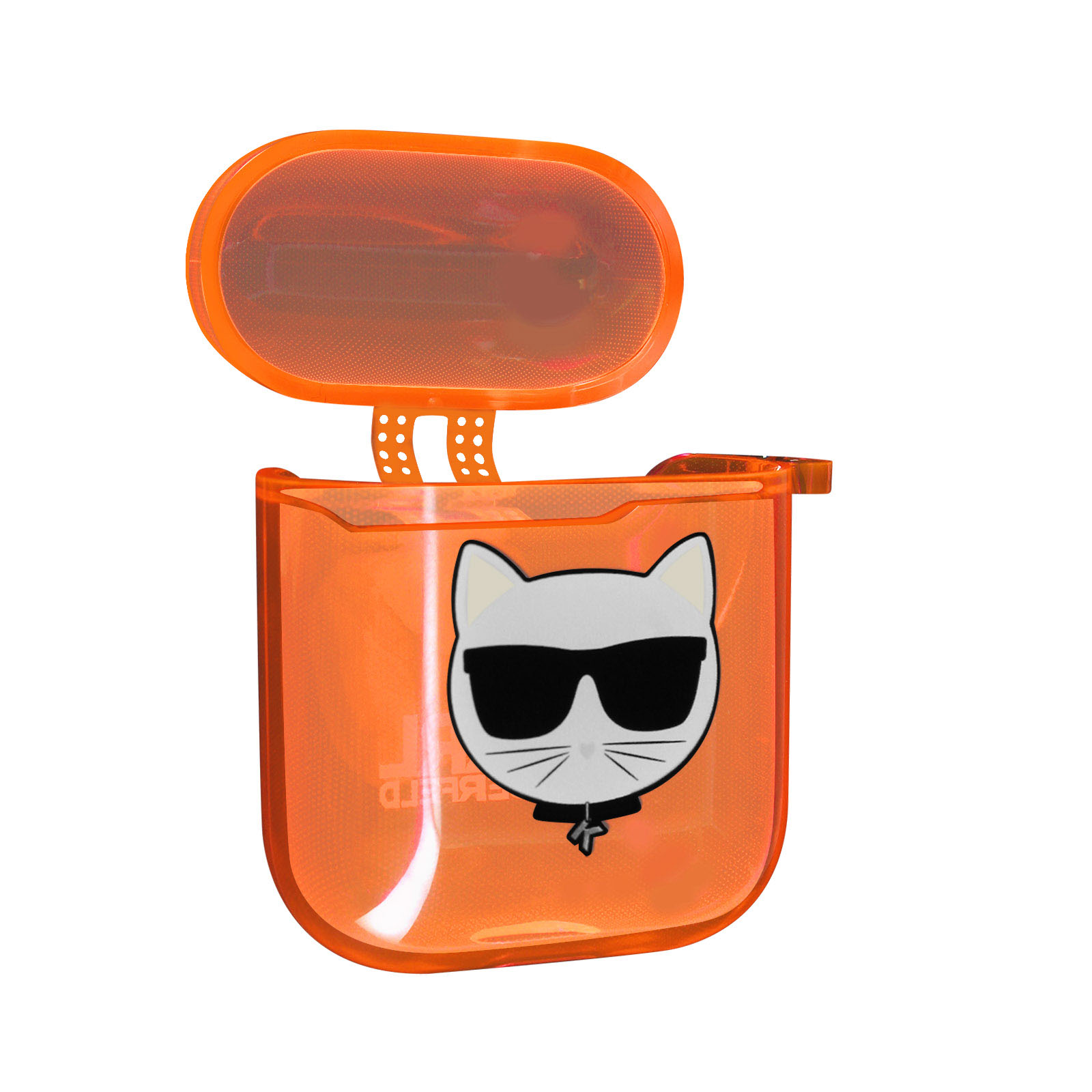 Custodia AirPods arancione Karl Lagerfeld, aperta. Faccia di gatto bianco sul davanti. Sfondo bianco.