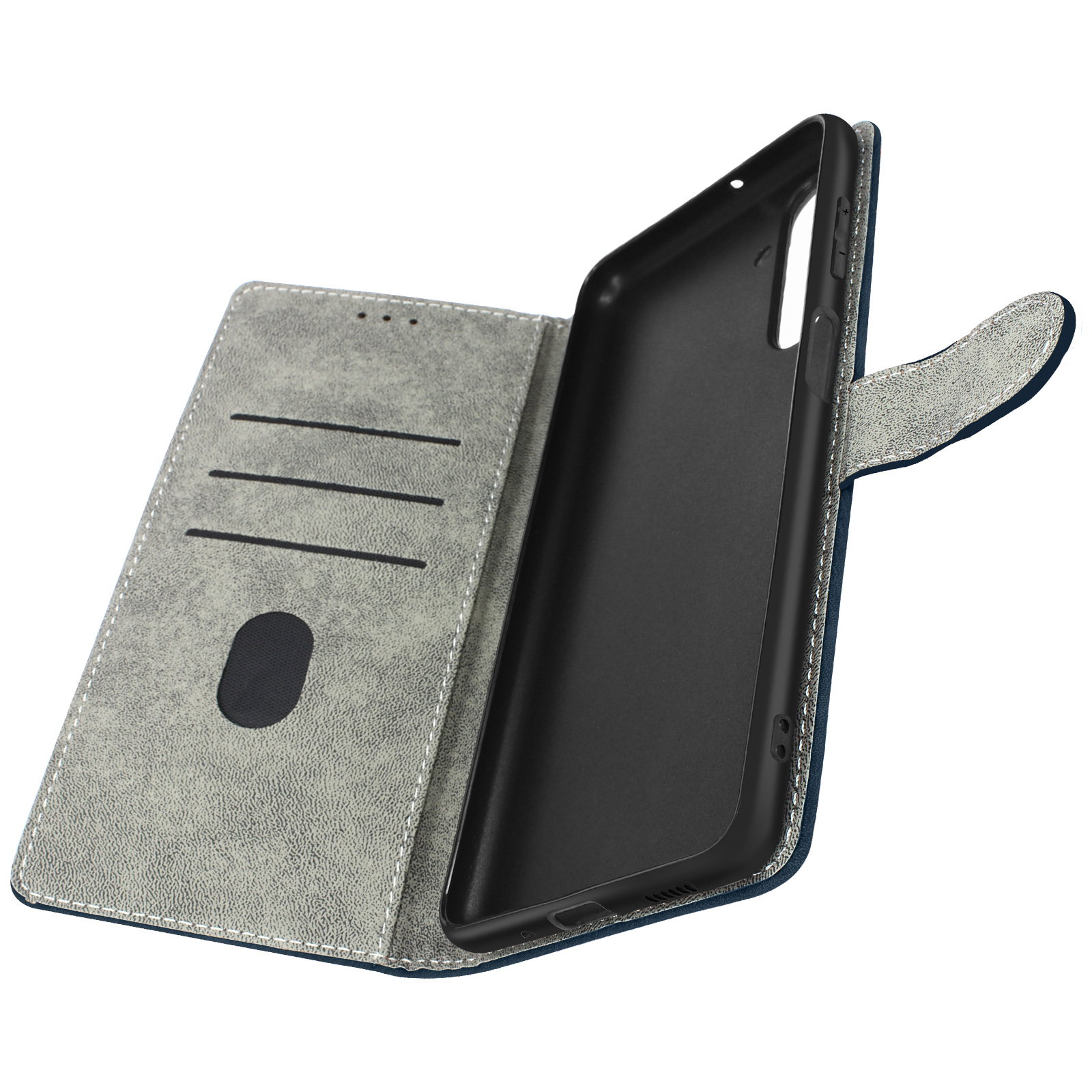 Custodia del telefono aperta con esterno grigio chiaro e interno nero. Il telefono non è presente. Sfondo bianco.