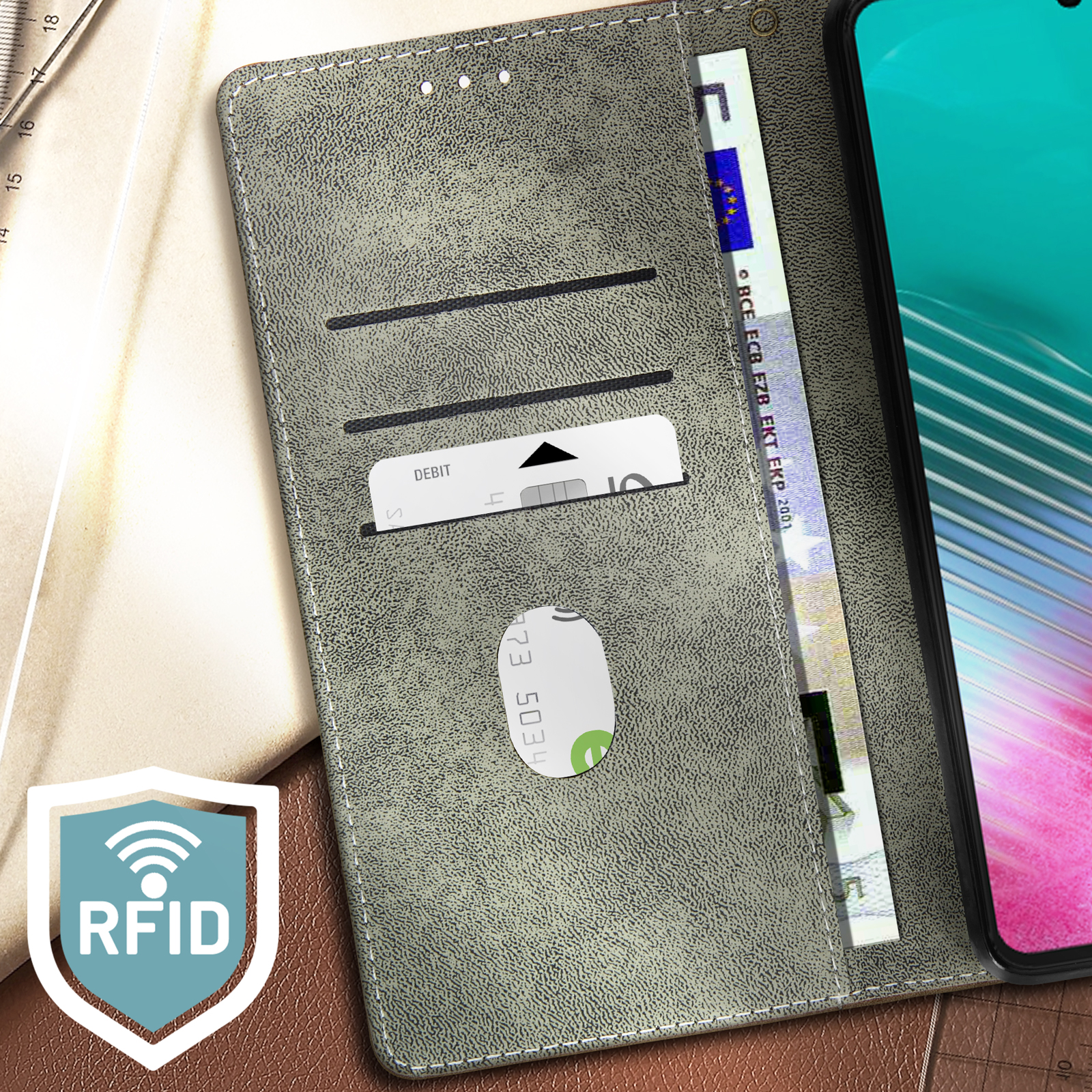 Custodia per telefono con scomparti per carte, carta di debito e banconota in euro. Etichetta RFID visibile.