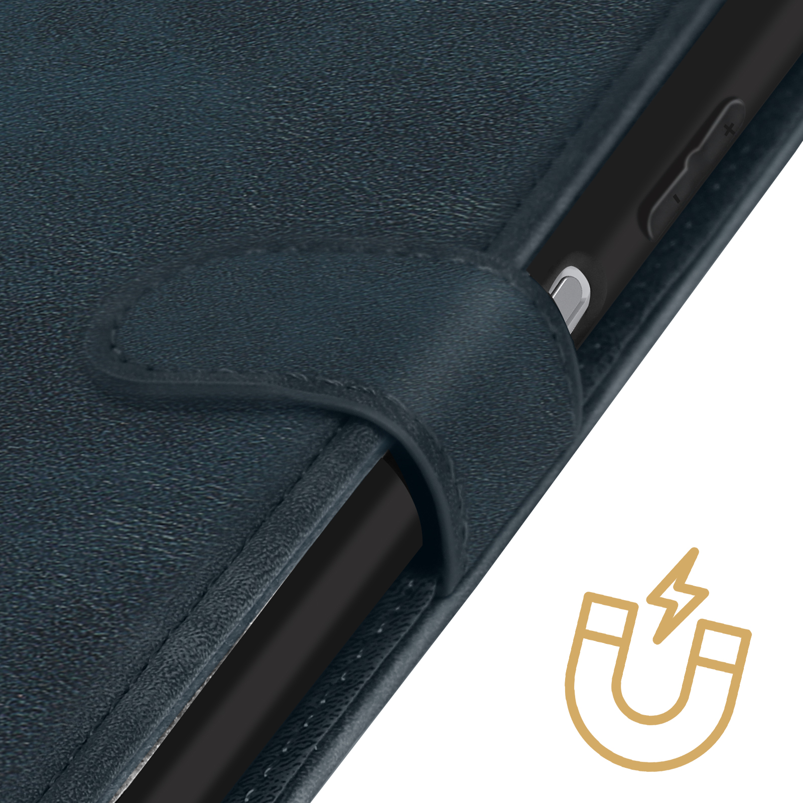 Custodia per telefono blu scuro con chiusura magnetica. Un'icona stilizzata a forma di magnete è in basso a destra.