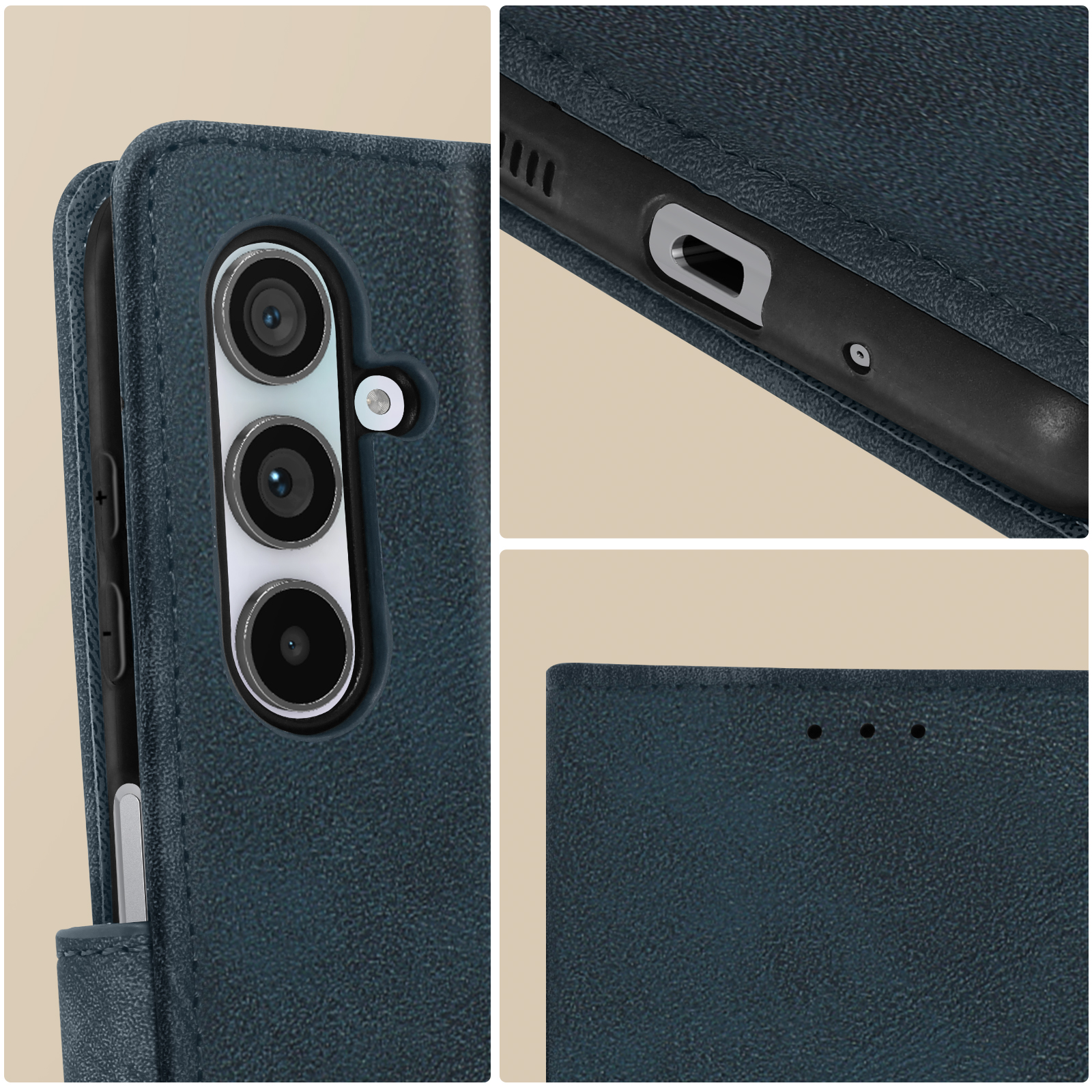 Primo piano di una custodia per telefono con tre obiettivi della fotocamera. Materiale blu simile alla pelle.