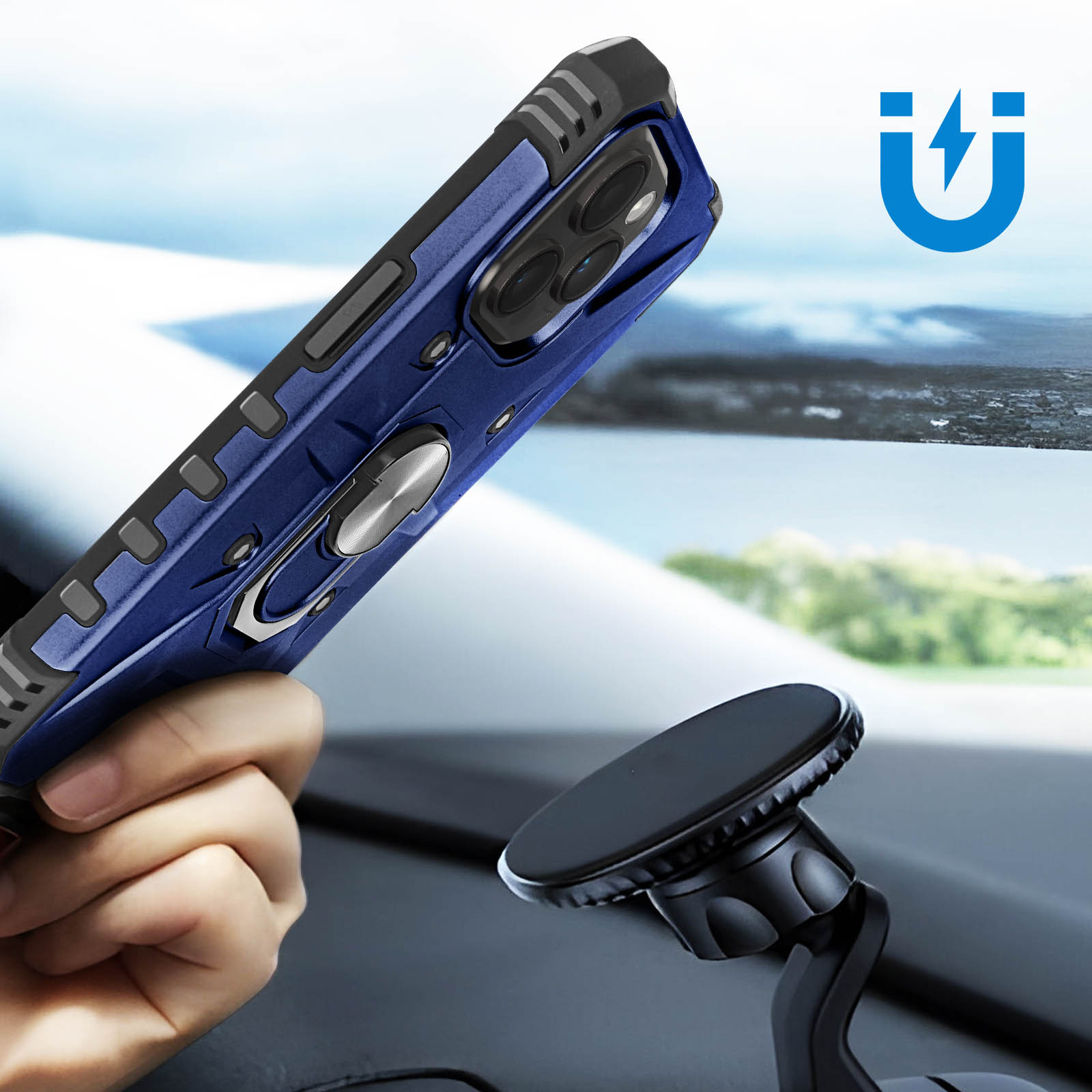 Una custodia blu per telefono tenuta vicino a un supporto per auto. Sullo sfondo, un paesaggio sfocato.