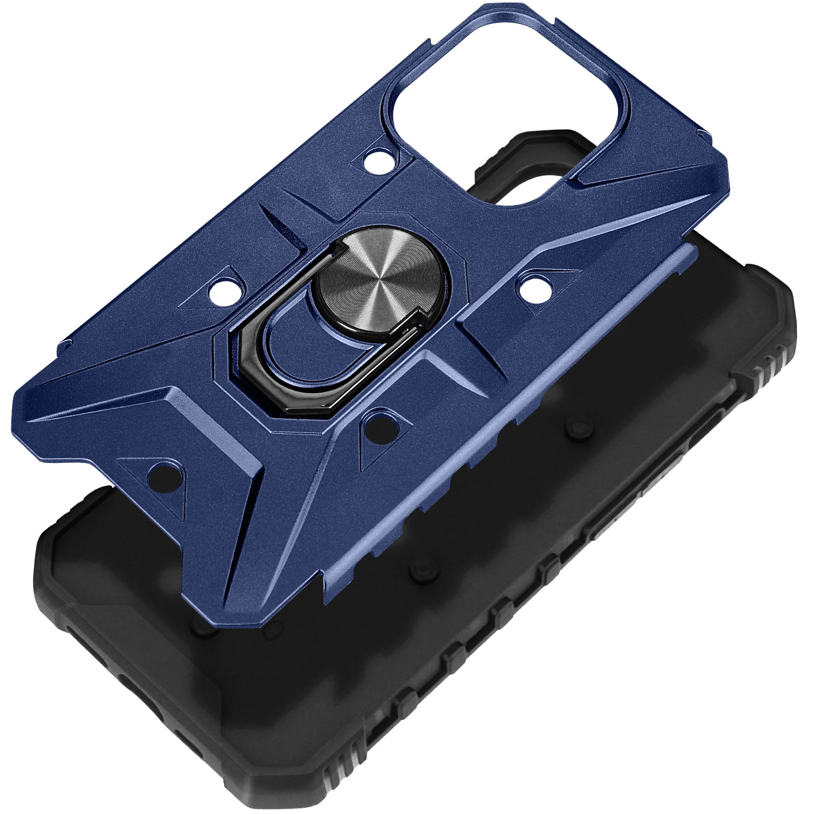 Custodia blu per telefono con supporto ad anello, staccata, su base nera.