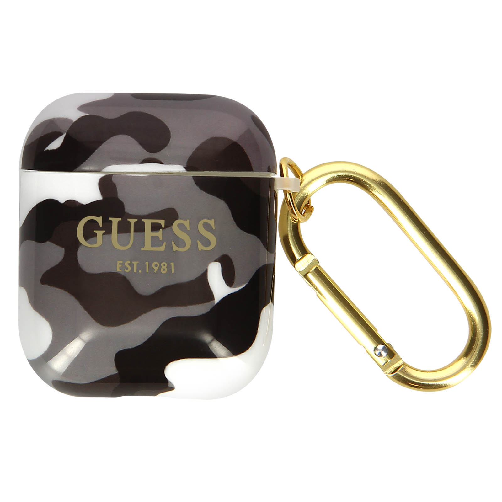 Una funda de AirPods de camuflaje blanco, negro y gris con un mosquetón dorado y el logo GUESS.