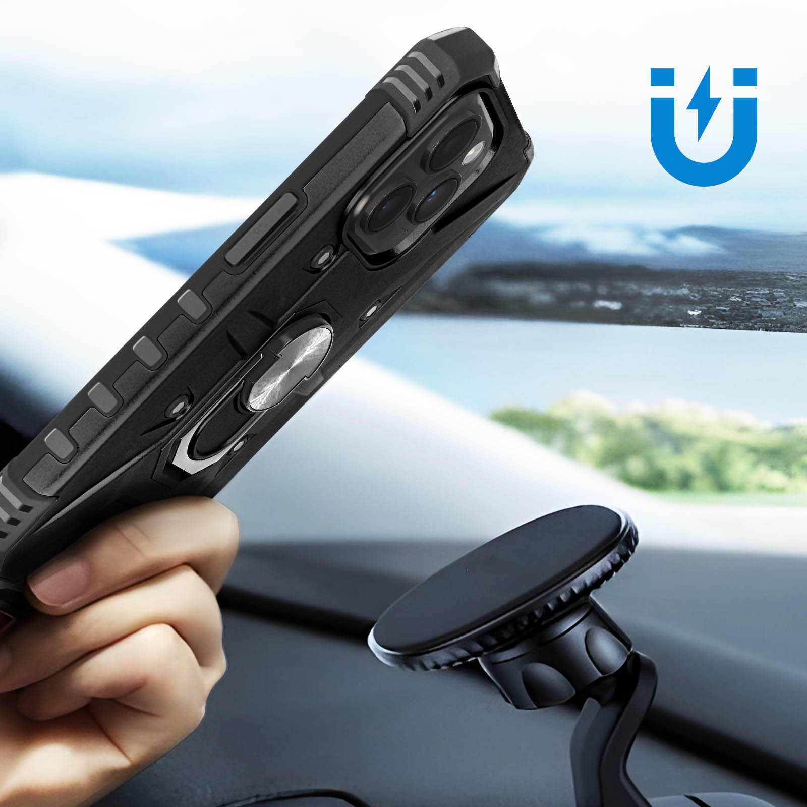Mano che tiene una custodia nera per telefono accanto a un supporto magnetico per auto.