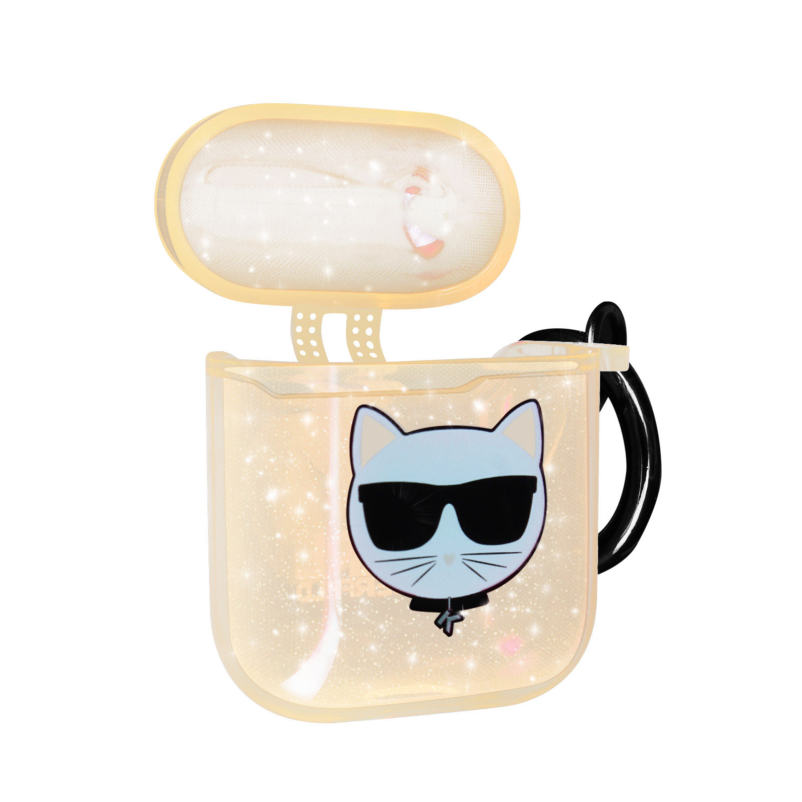 Estuche AirPods, abierto. Diseño de cara de gato con gafas de sol, purpurina y correa negra.