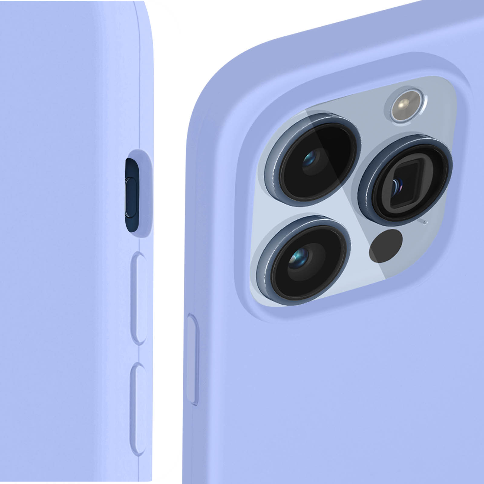 Primo piano di una custodia per telefono lilla chiaro. La vista laterale mostra pulsanti e modulo fotocamera.