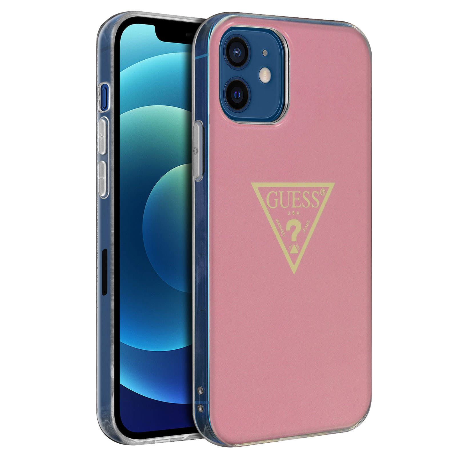 Custodia rosa Guess su telefono. Il telefono è blu. Custodia trasparente.