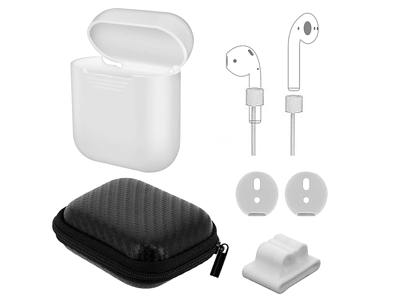 AVIZAR AirPods 5-in-1 Set: Hülle, Tasche, Schlaufe, Full Cover, Apple, Apple AirPods, Weiß