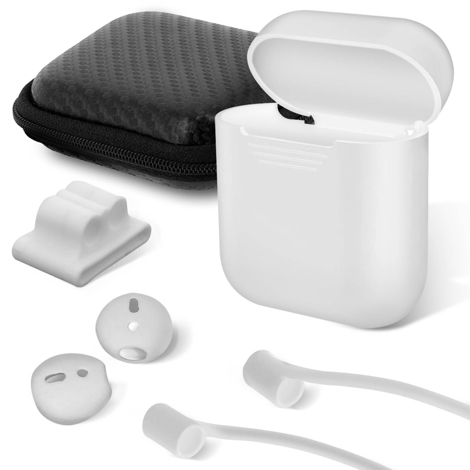 AVIZAR AirPods Weiß AirPods, Full Apple, Tasche, Cover, Schlaufe, Apple Hülle, 5-in-1 Set