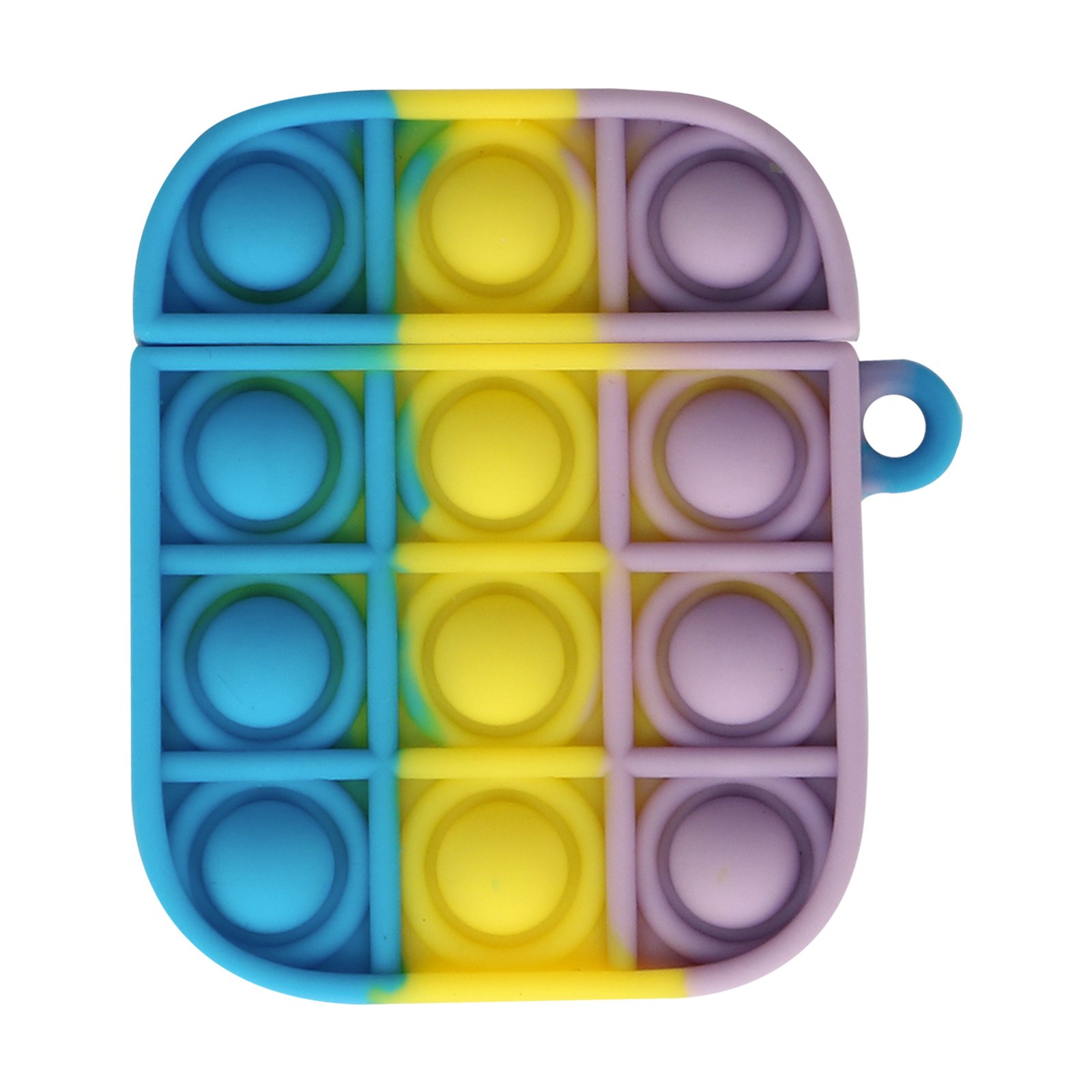 Una funda pop-it colorida para AirPods. Es azul, amarillo y morado.
