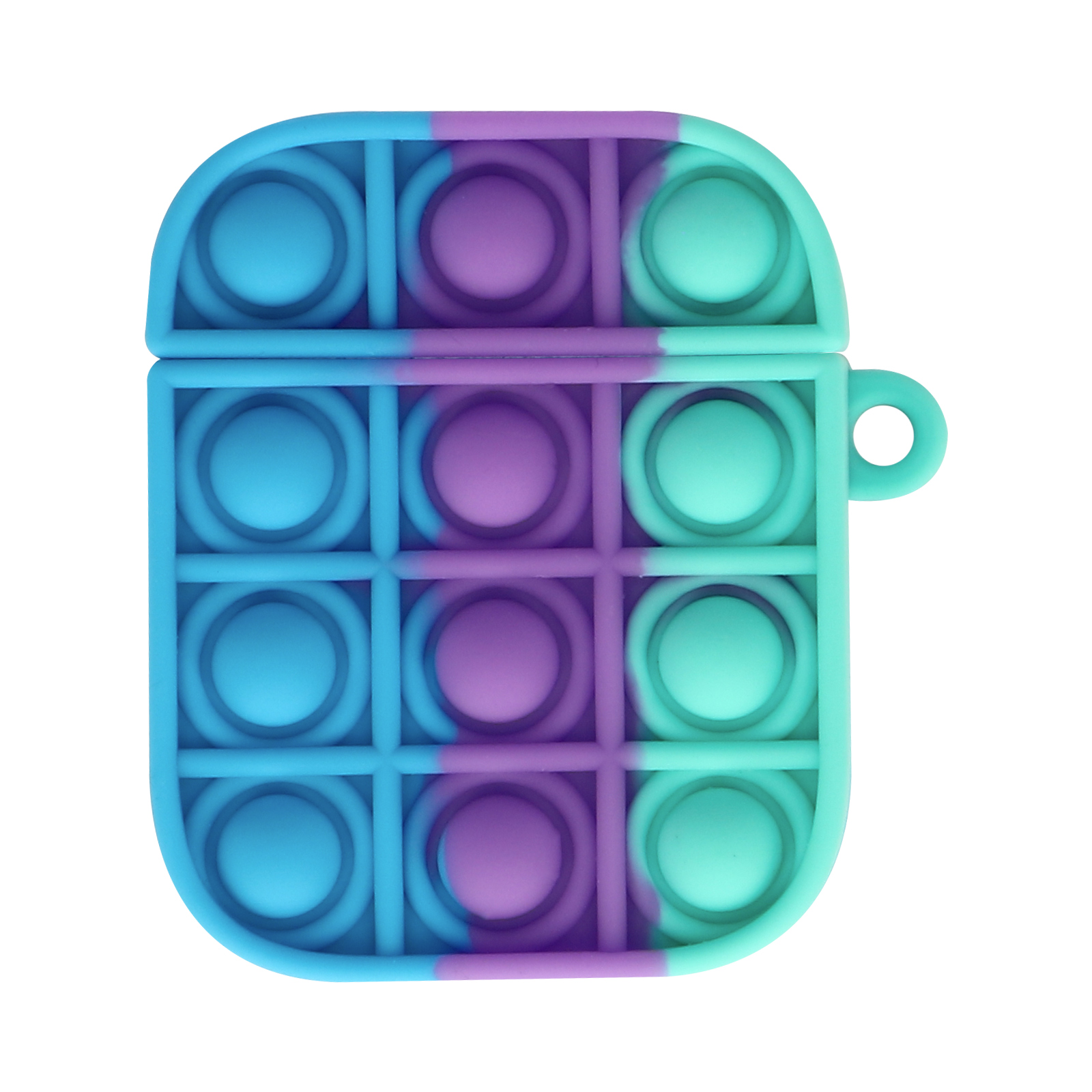 Una funda AirPods de estilo pop-it multicolor. Los colores son azul, morado y turquesa.
