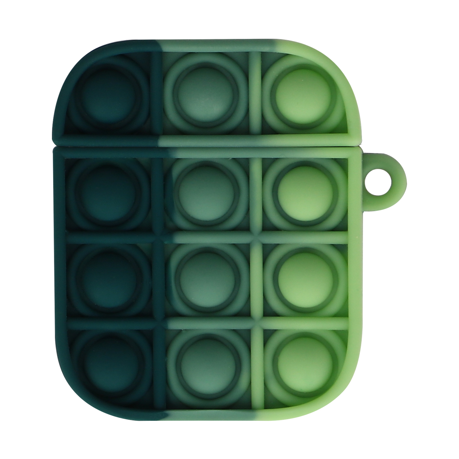 Funda Pop It AirPods verde y azul, cerrada. Patrón cuadrado con burbujas.