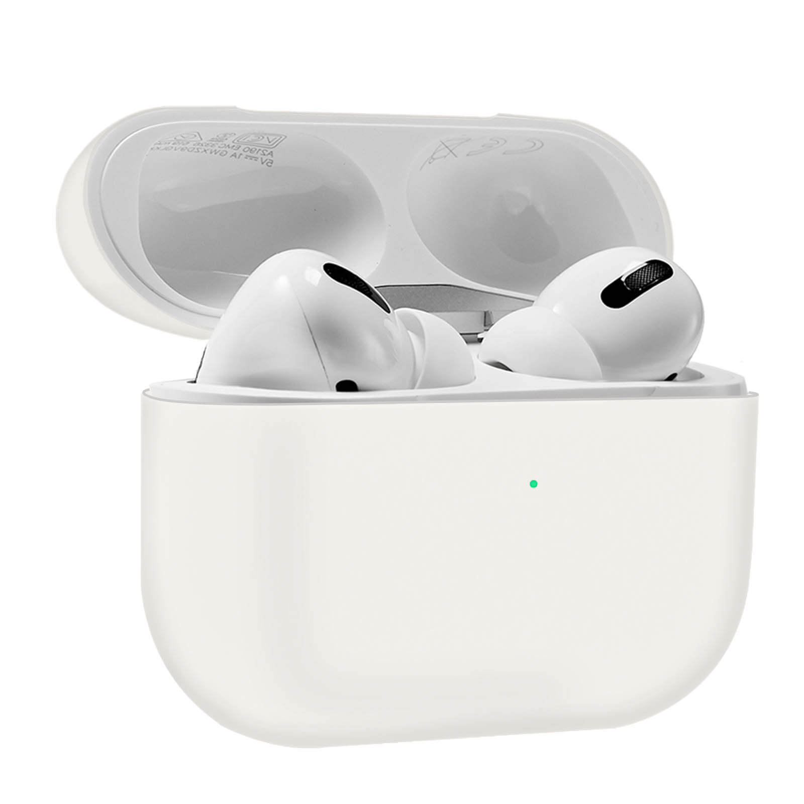 Funda de AirPods blanca abierta, con dos auriculares blancos. Fondo blanco.