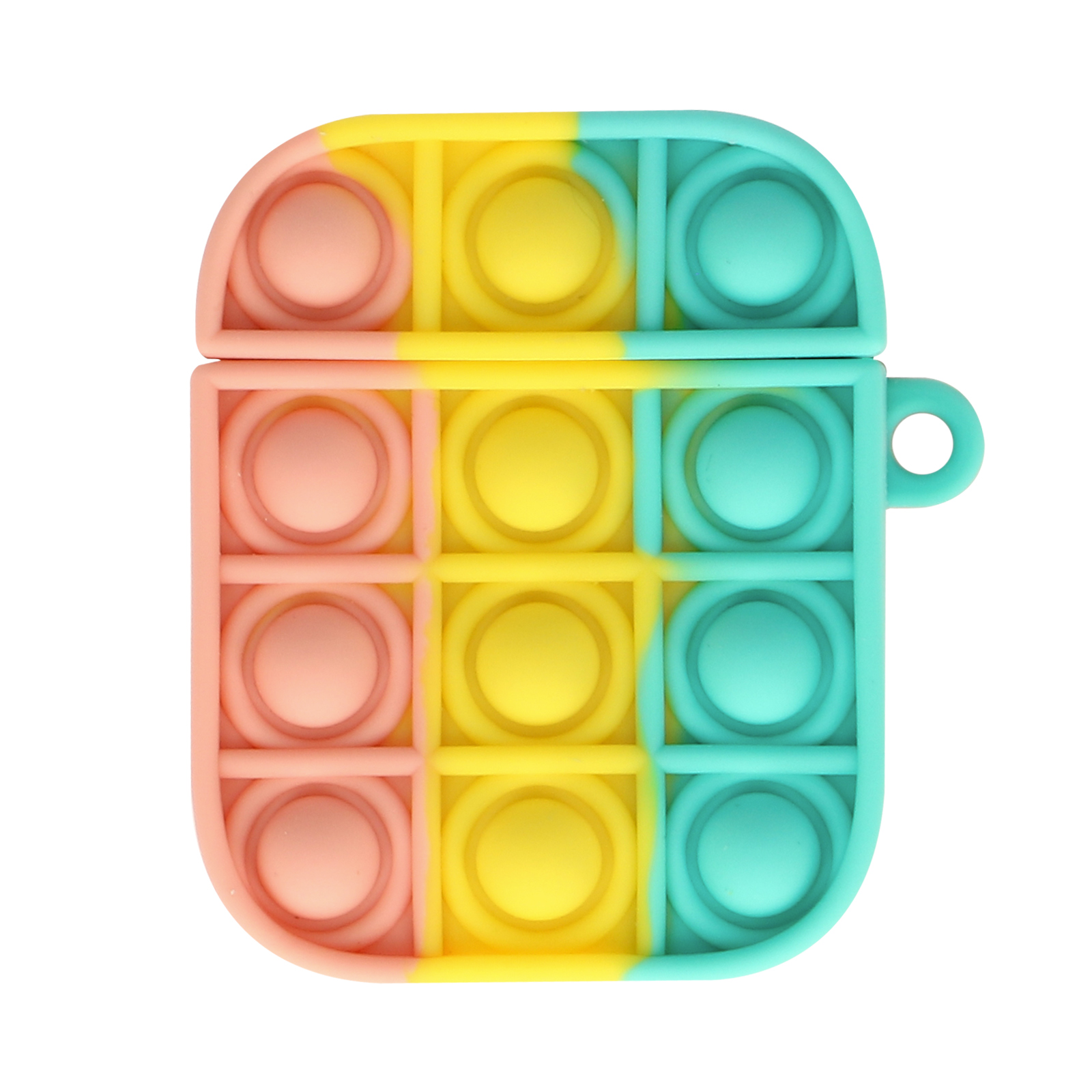 Funda de AirPods pop-it colorida, varios colores pastel, forma rectangular.