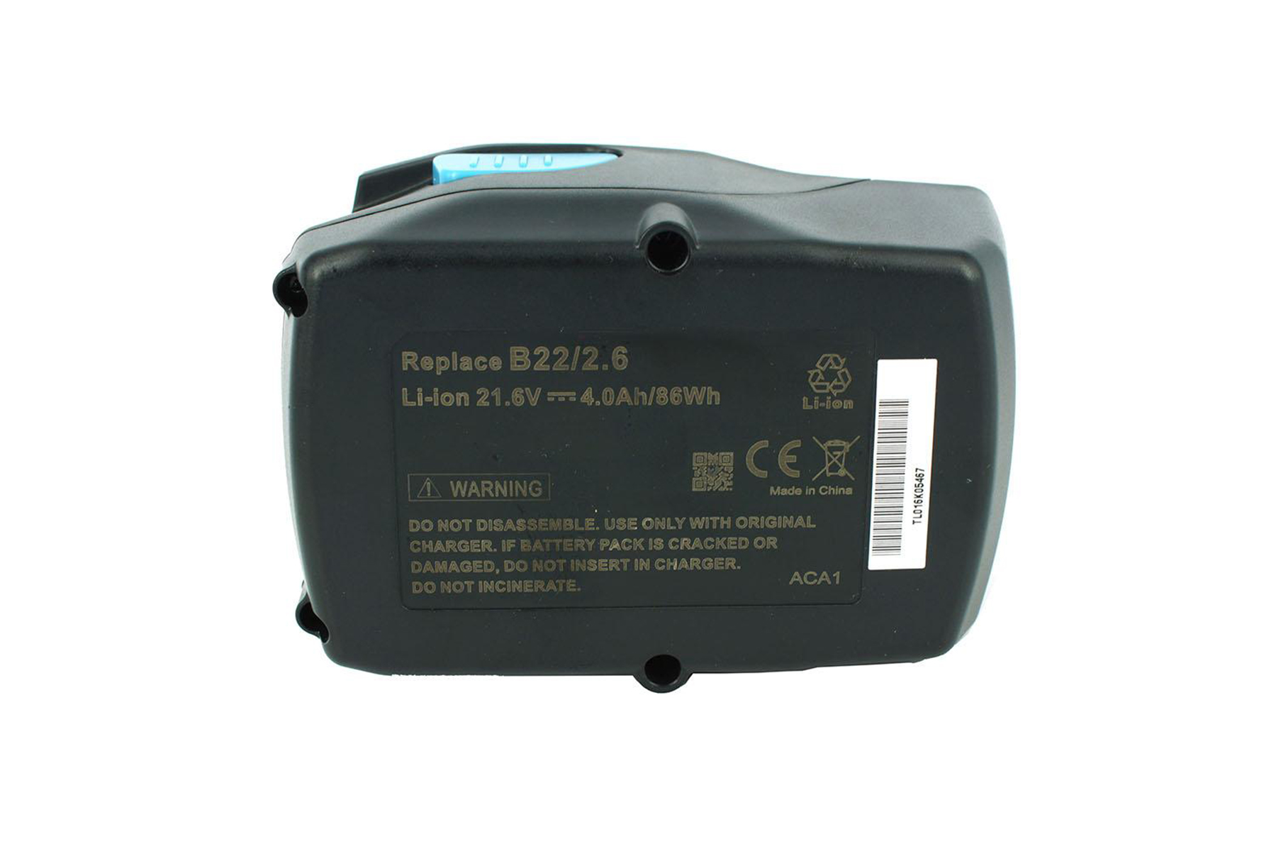 Schwarze Batterie mit Warnhinweisen, weißer Hintergrund.