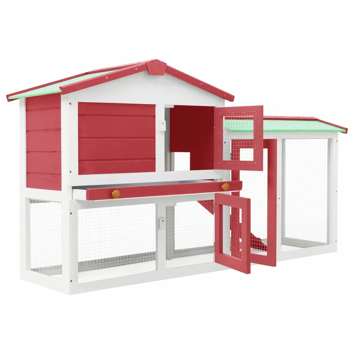 Kaninchenstall aus Holz mit roten und weißen Details. Mehrere Öffnungen, mit Drahtgeflecht und Türen.