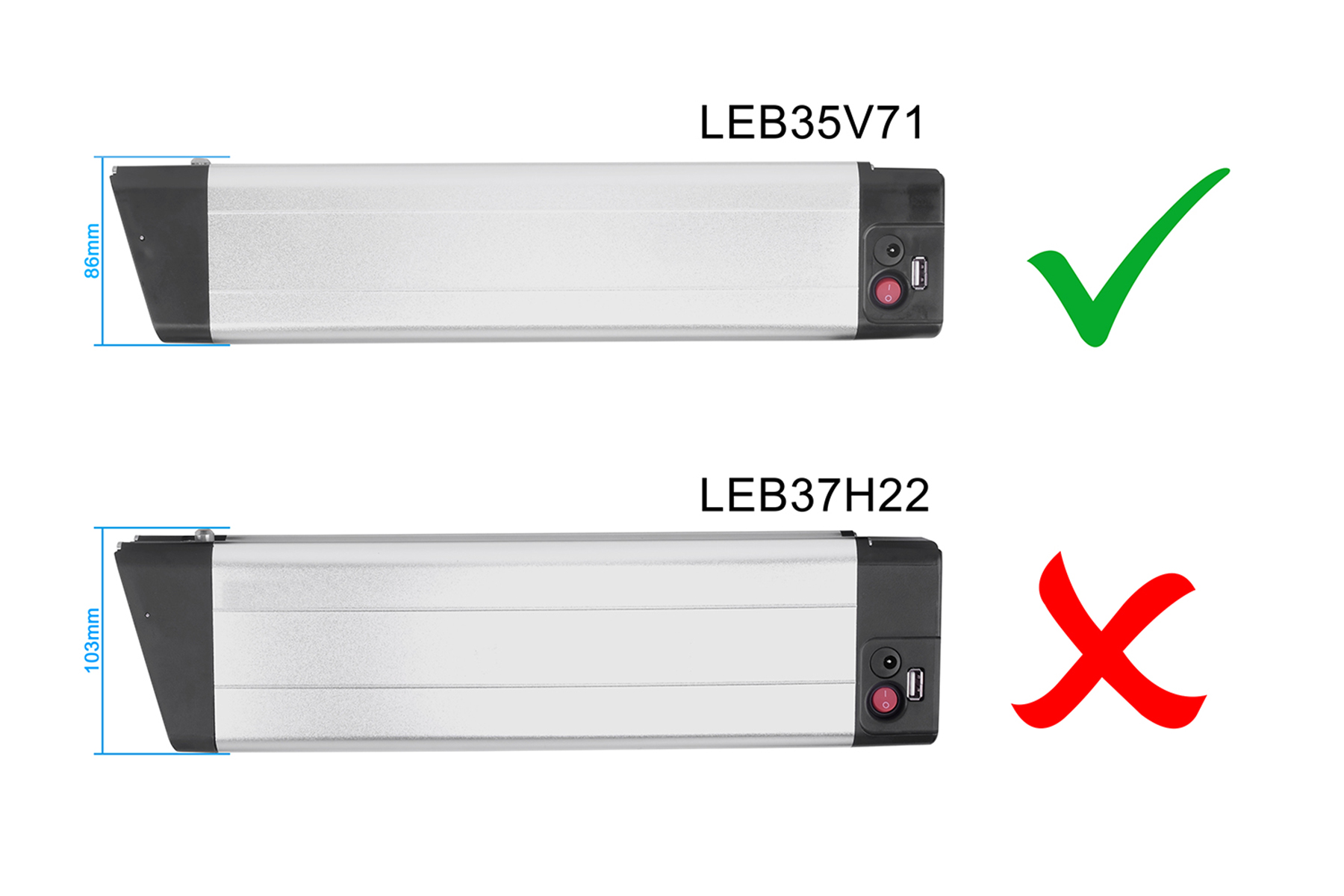 Zwei rechteckige Akkus, einer mit LEB35V71, der andere LEB37H22. Ein Häkchen und ein X sind vorhanden.