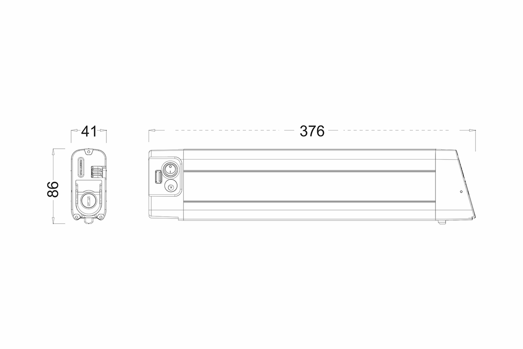 Ein Diagramm zeigt die Abmessungen eines rechteckigen Objekts. Das Objekt hat die Maße 41mm, 86mm und 376mm.