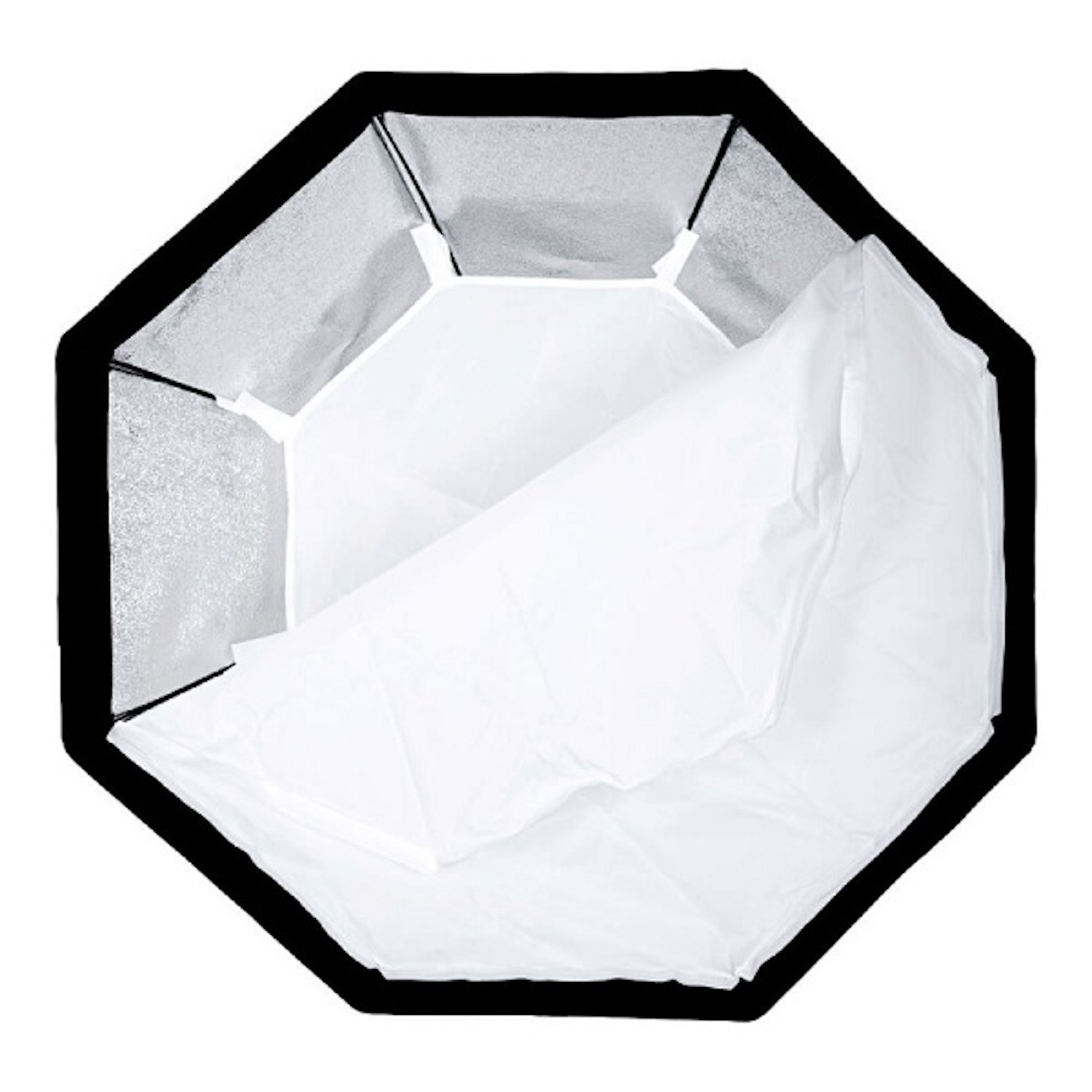Achteckige Softbox mit weißem Innenraum. Sie ist offen und einsatzbereit.