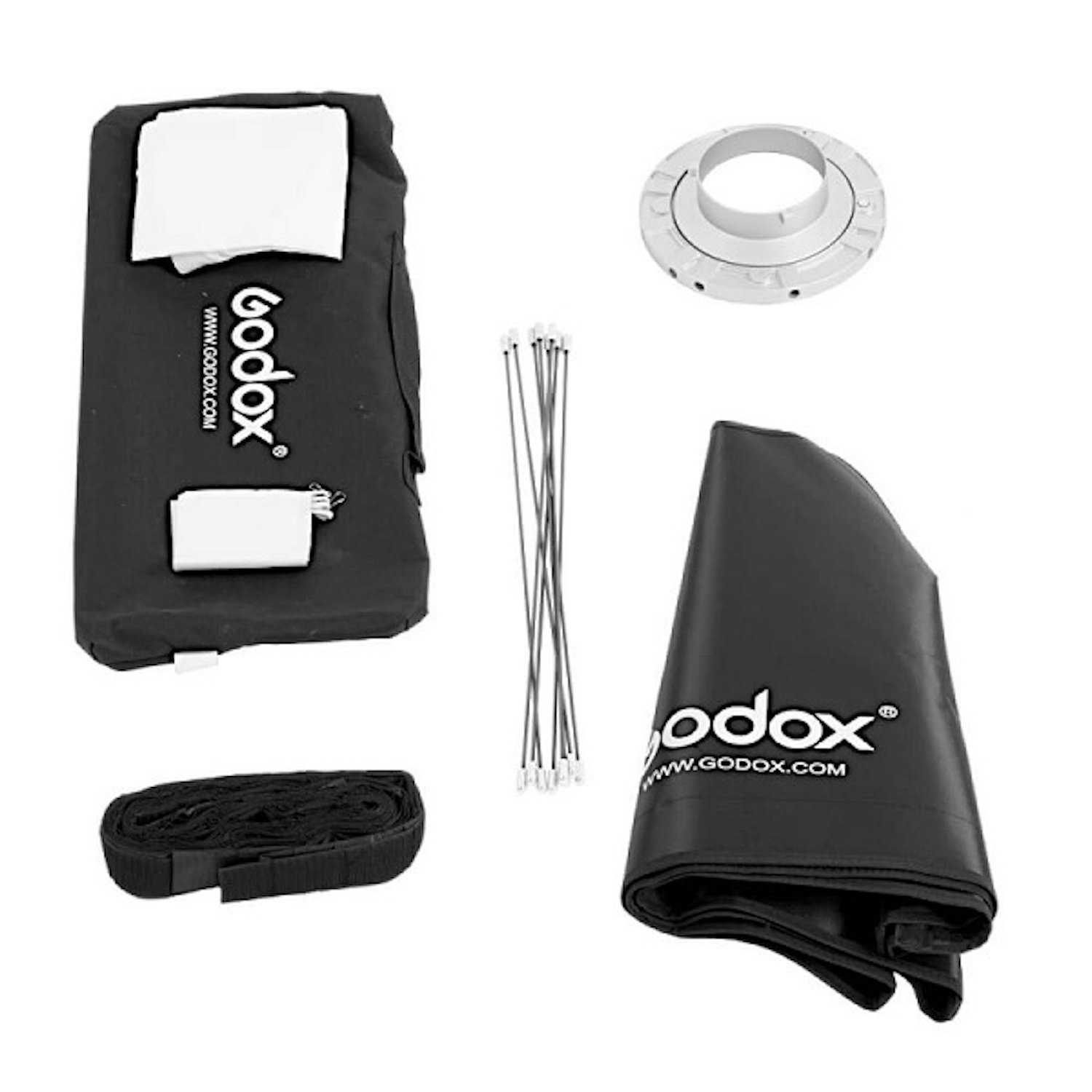 Godox Fotoausrüstung, einschließlich Softbox, Schirm und Zubehör, ausgelegt.