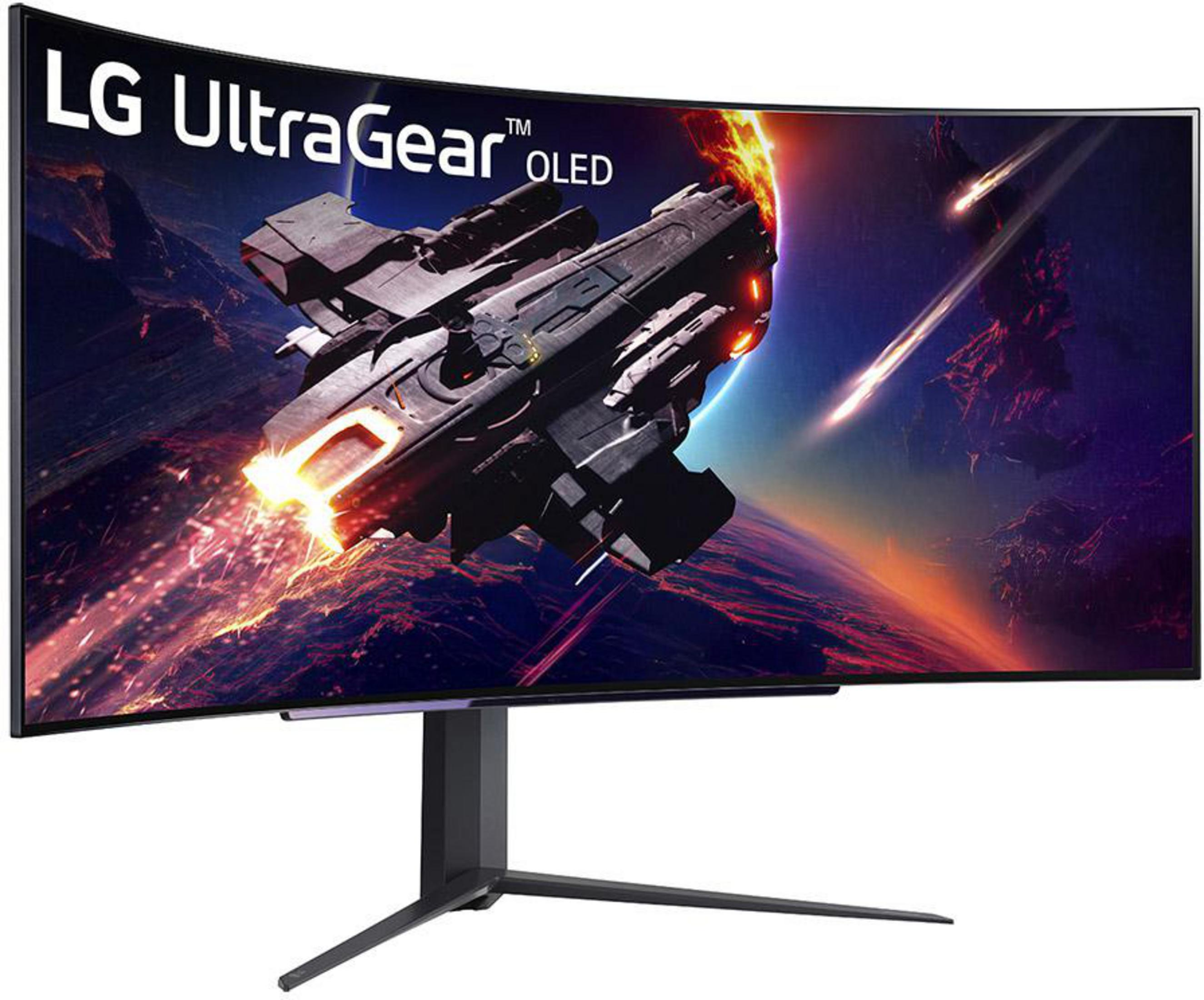 Gebogener LG UltraGear OLED-Monitor, der eine Weltraumszene mit Raumschiff anzeigt. Schwarzer Ständer.