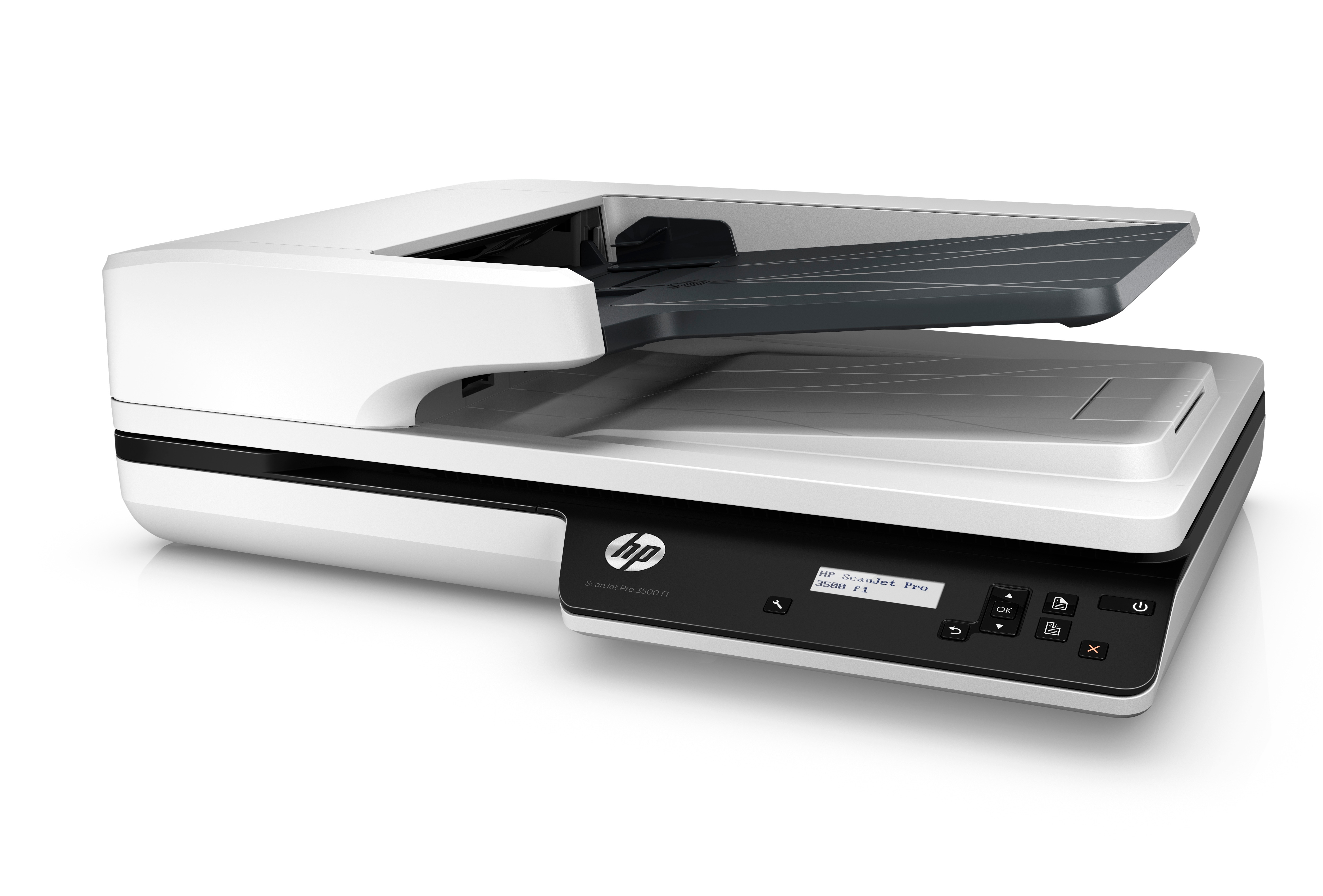 Weißer und schwarzer HP-Scanner auf weißem Hintergrund. Der Deckel des Scanners ist geöffnet.