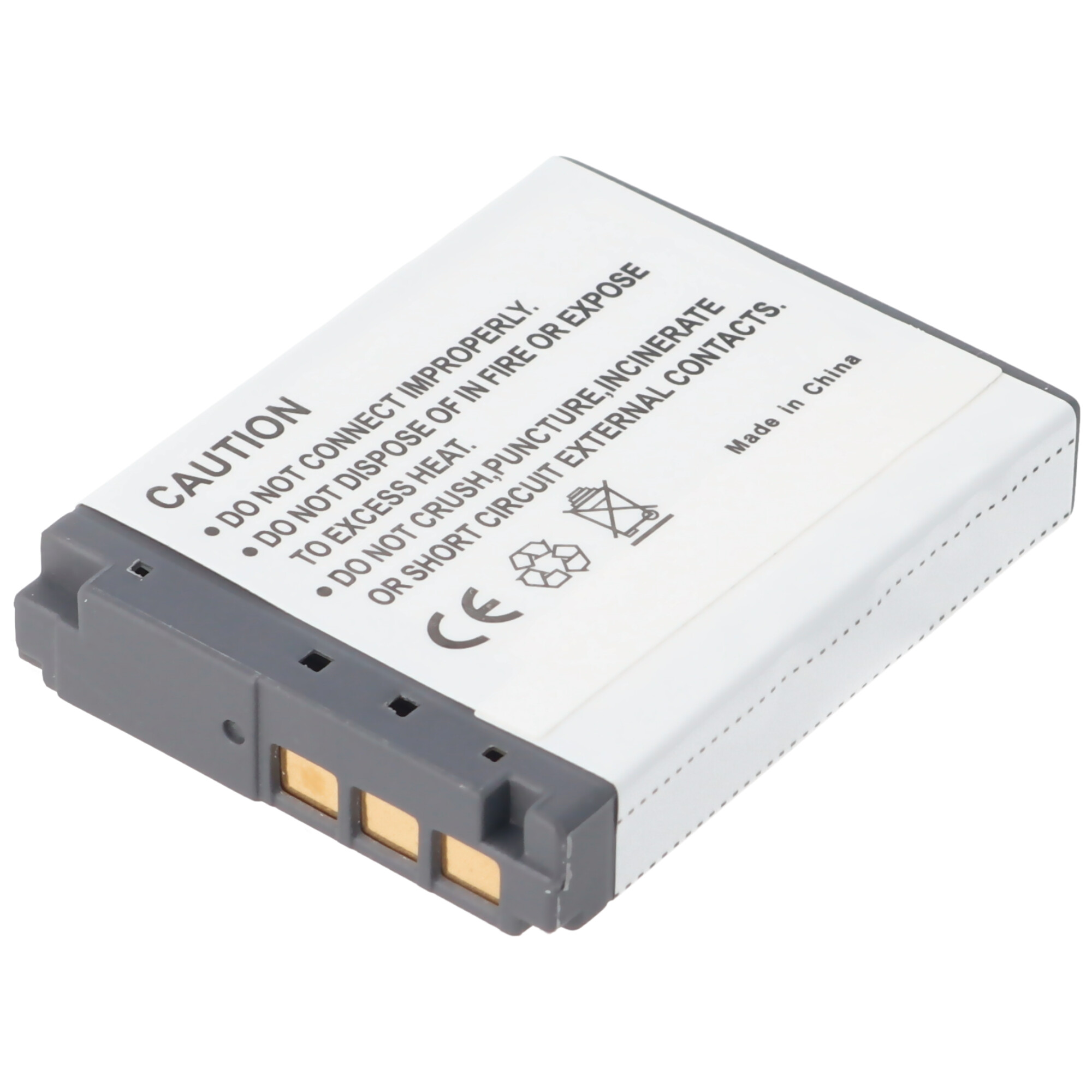 Kleine Batterie mit Warnhinweis und Symbolen. Das Etikett ist weiß mit schwarzem Text.