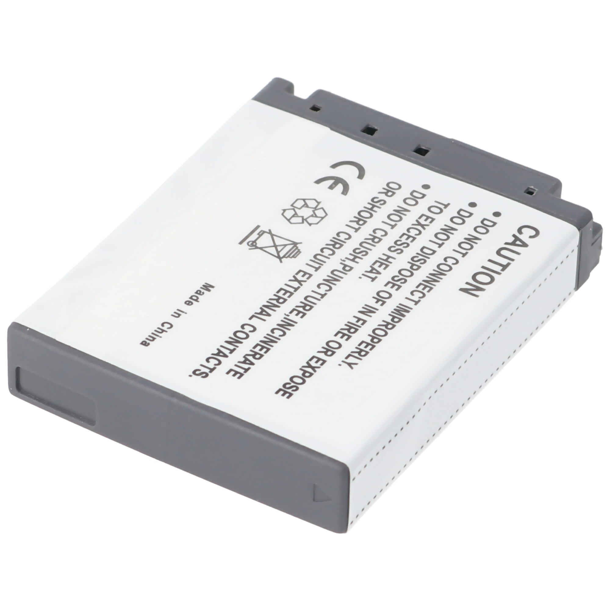 Rechteckige graue und weiße Batterie mit Sicherheitshinweisen.