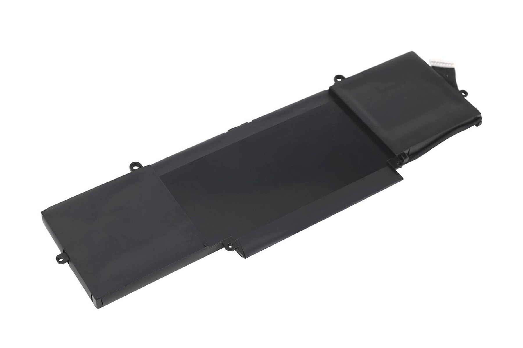 Batteria nera per laptop, forma rettangolare, con custodia protettiva. Isolato su sfondo bianco.