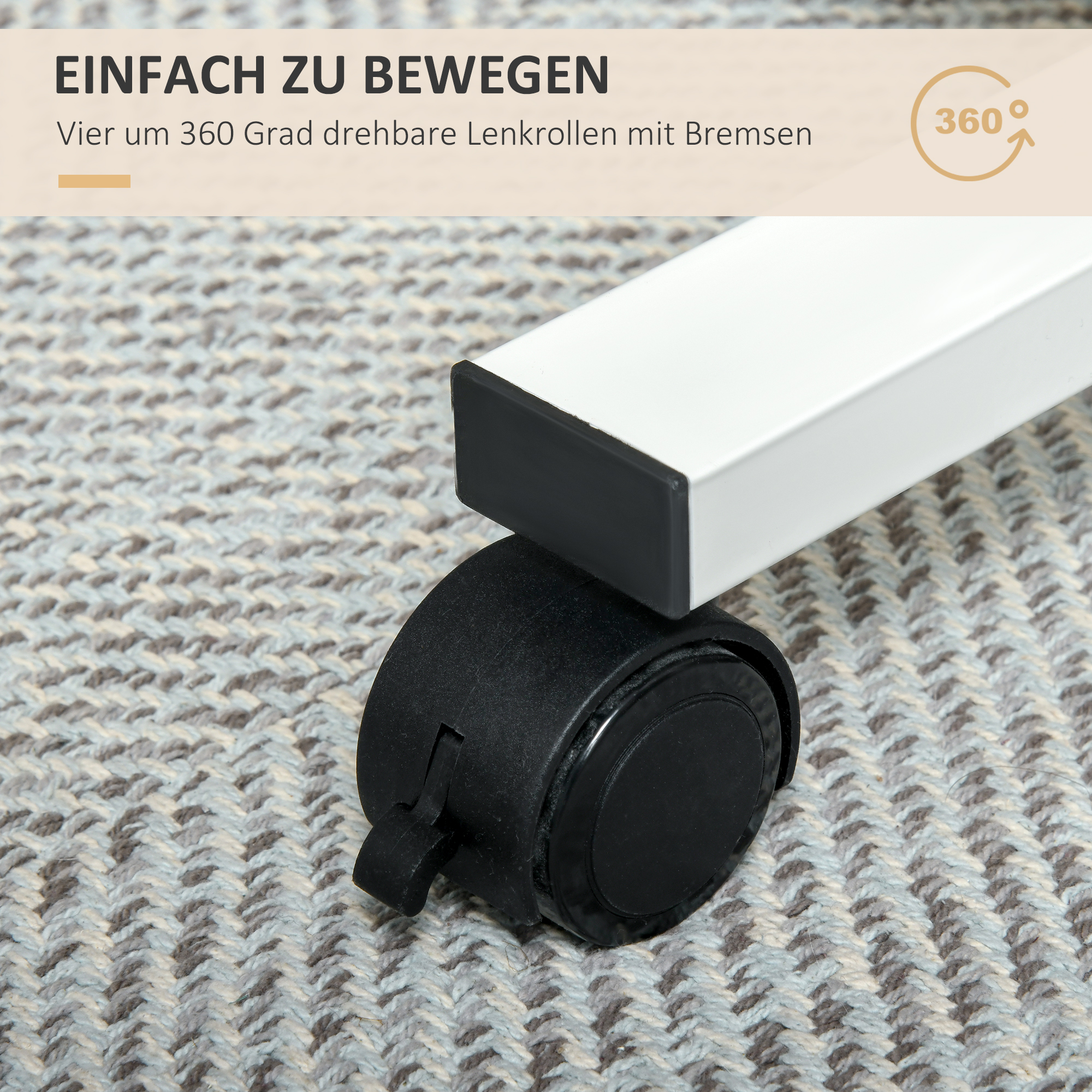Ein Rad auf einem weißen Tisch. Der obere Teil lautet 'Einfach zu bewegen'.