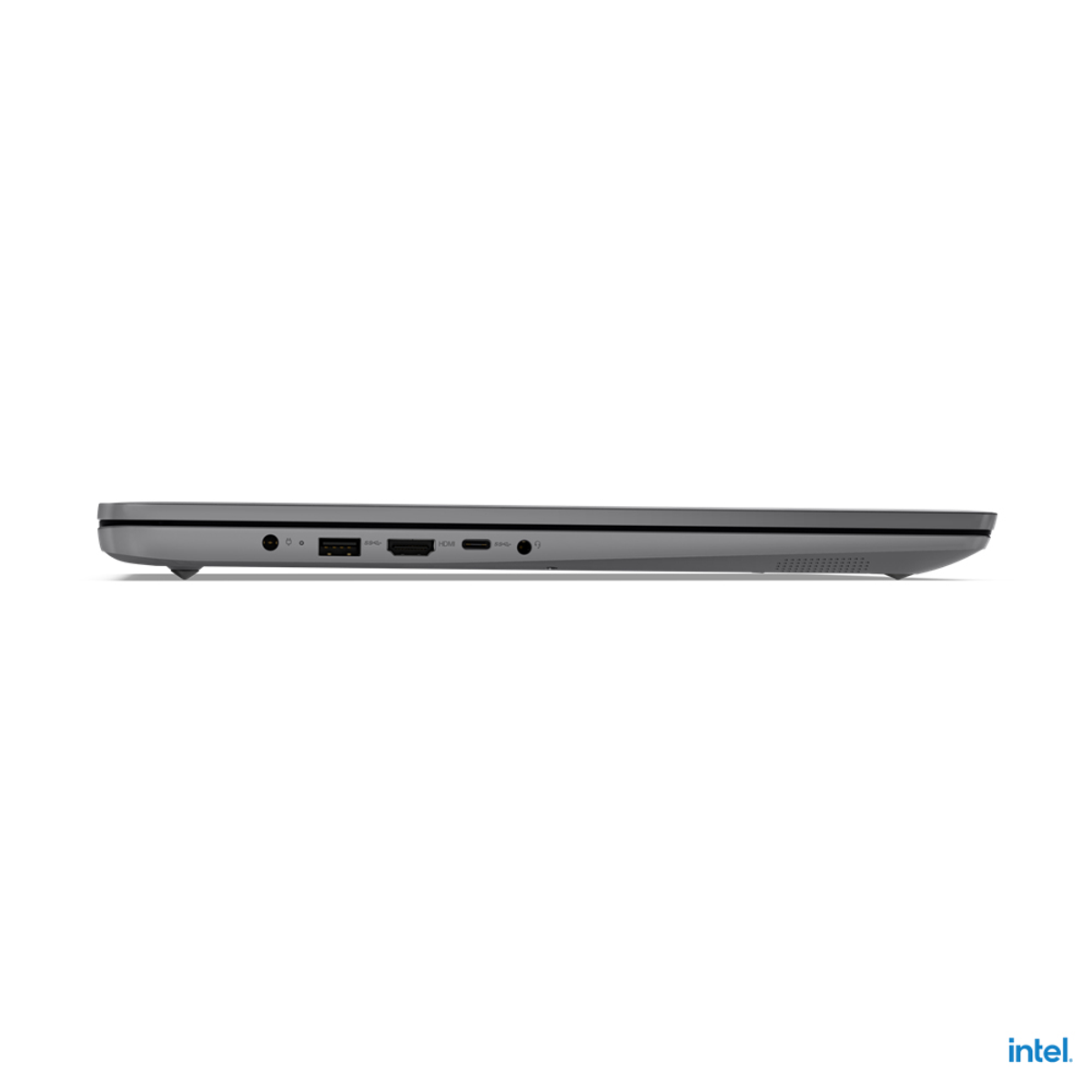 Laptop Lenovo, mostra le porte laterali. Colore nero e grigio. Sfondo: superficie bianca.