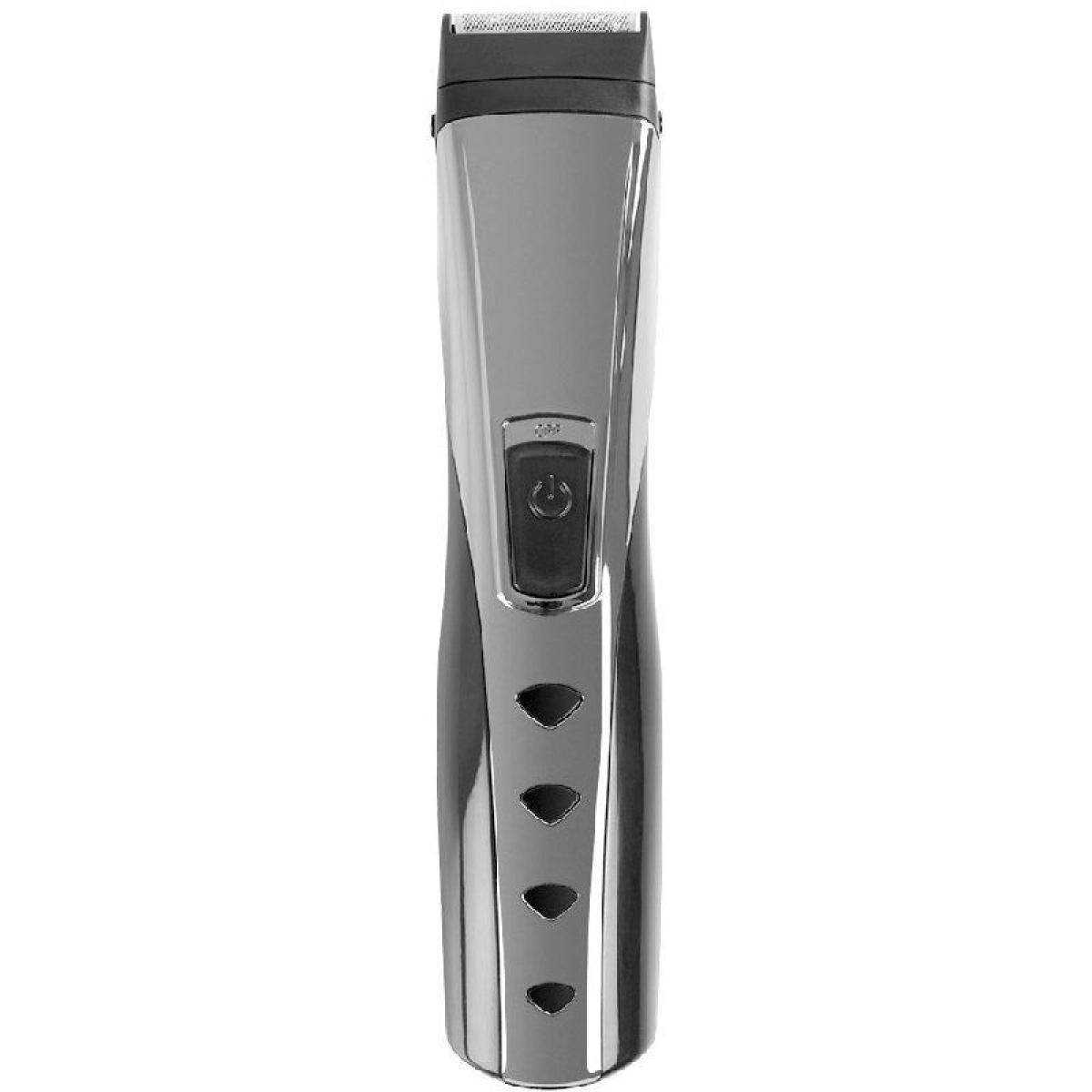 Recortadora de cabello plateada y negra. La recortadora tiene un botón de encendido y tres luces indicadoras.