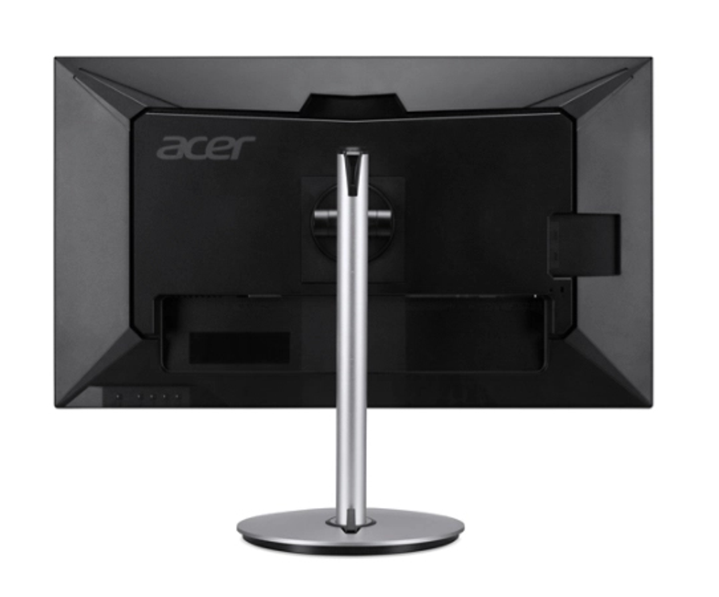 Tył czarnego monitora Acer z logo Acer i srebrną podstawą.