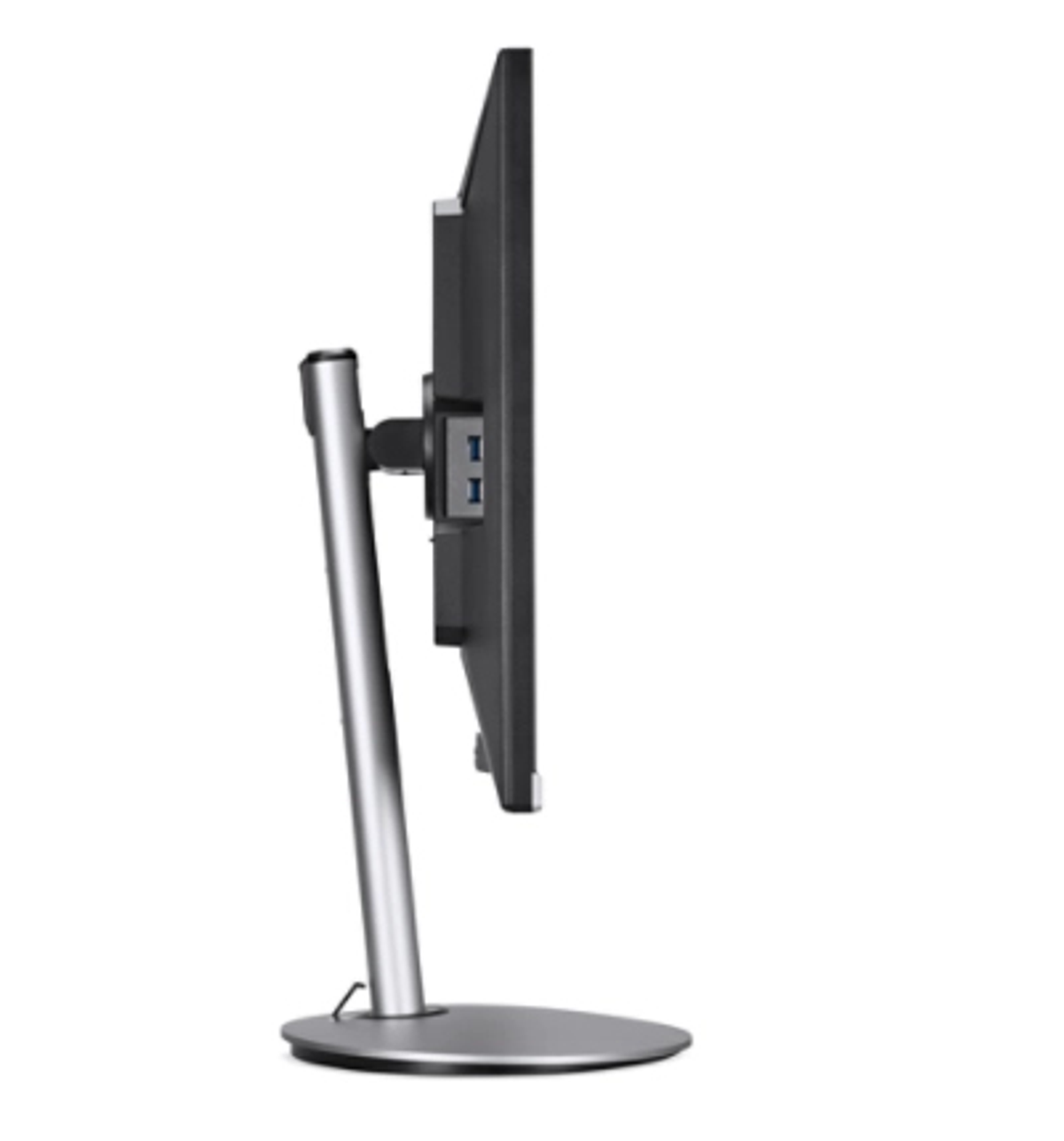 Widok z boku czarnego monitora komputera ze srebrną podstawą na białym tle.